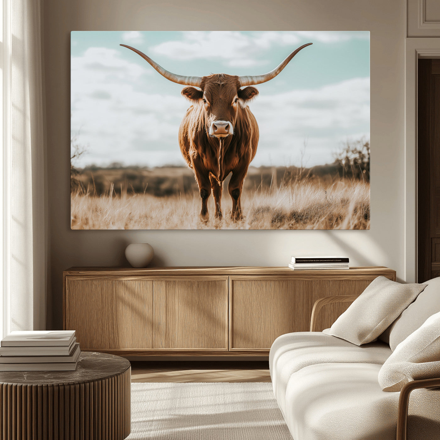 39350715-MGV-CV-36X24-Texas Longhorn Wall Art Canvas Print, Framed Longhorn Cow Art Picture Print, Western Cattle Perfect Rustic Western Decor Artwork