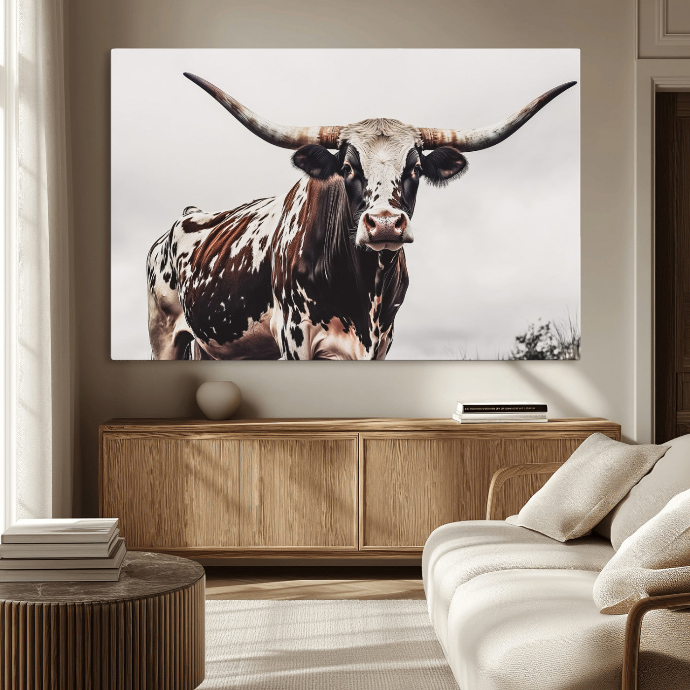 95249234-MGV-CV-36X24-Texas Longhorn Wall Art Canvas Print, Framed Spotted Bull Art Picture Print, Horned Cattle Perfect Rustic Farmhouse Decor Artwork