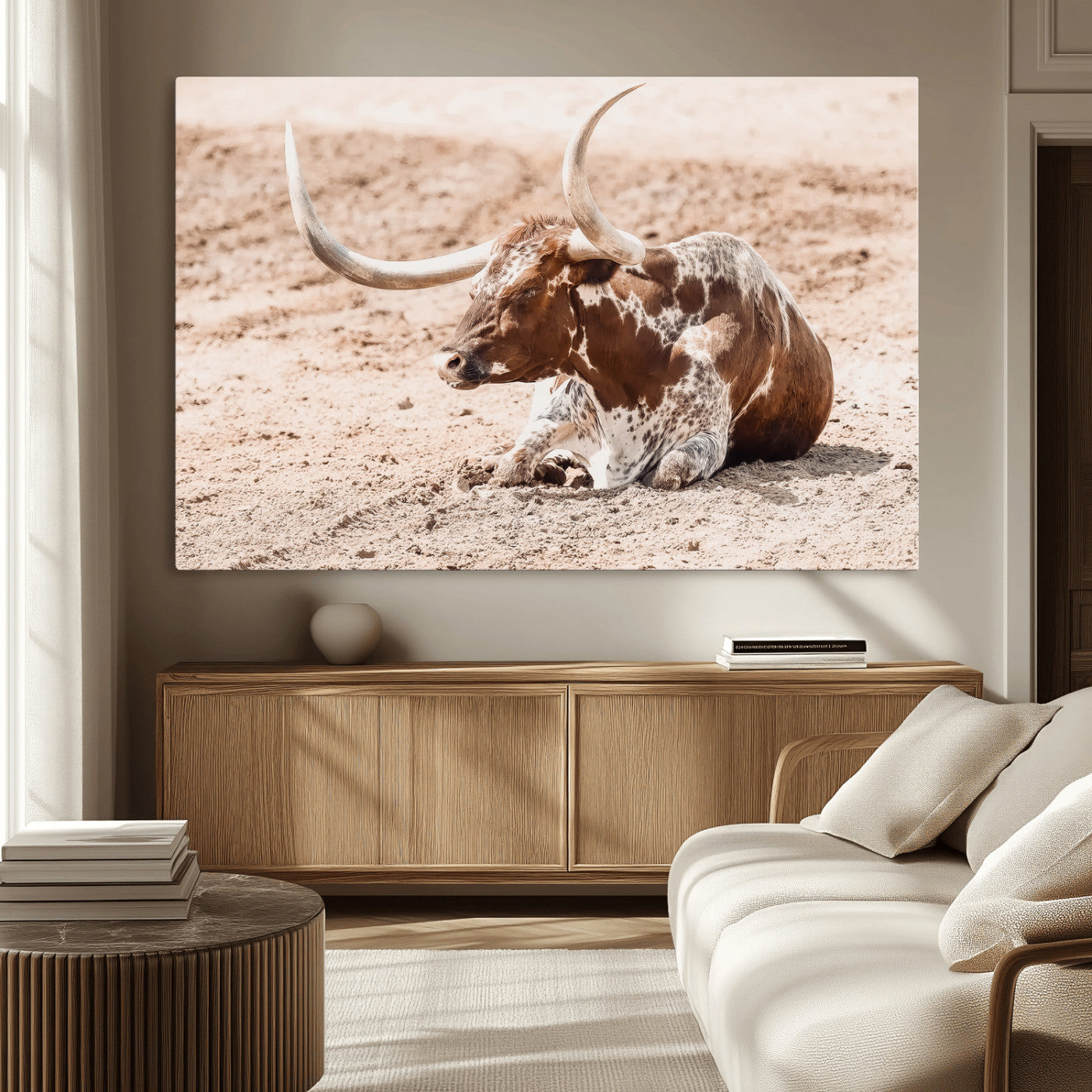 91248682-MGV-CV-36X24-Texas Longhorn Wall Art Canvas Print, Framed Resting Bull Art Picture Print, Spotted Cattle Perfect Rustic Western Decor Artwork