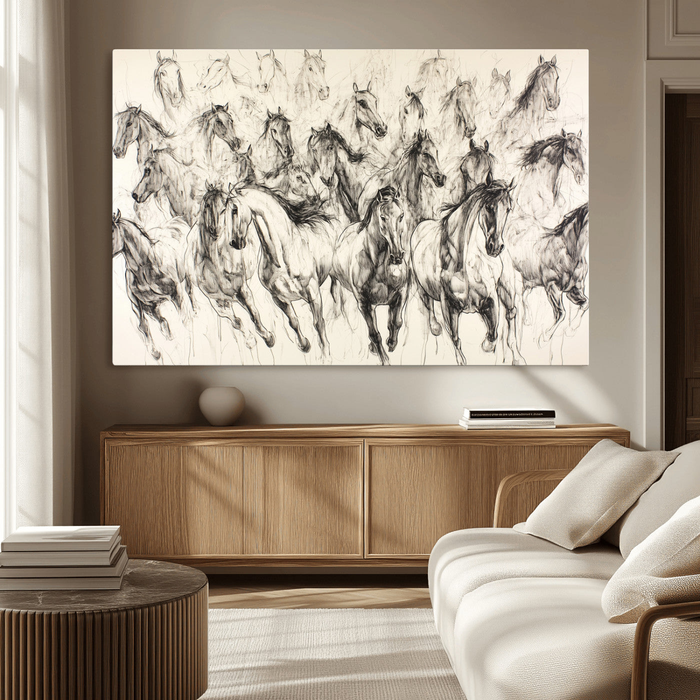 19433417-MGV-CV-36X24-Running Horses Wall Art Canvas Print, Framed Horse Sketch Art Picture Print, Galloping Herd Perfect Monochrome Western Decor