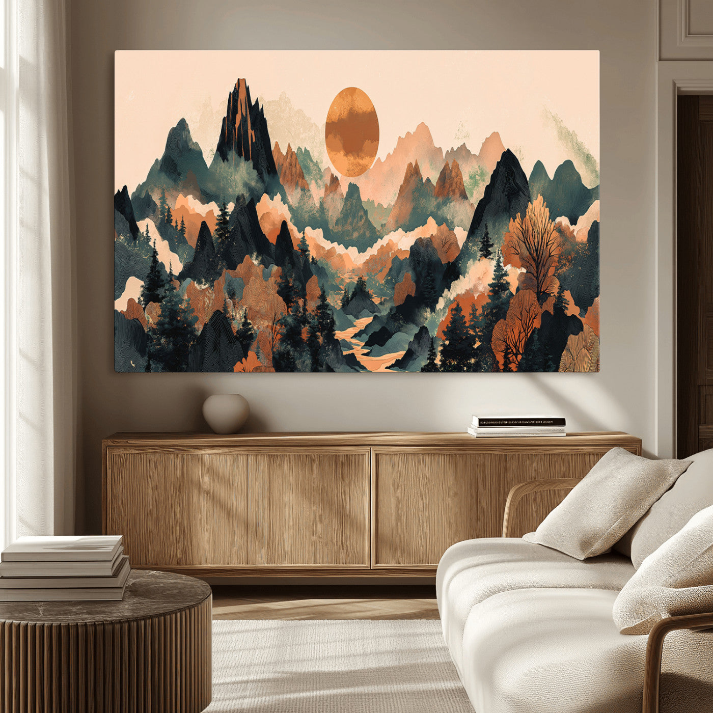 13012770-MGV-CV-36X24-Mountain Landscape Wall Art – Modern Nature Canvas Print with Sun, Misty Peaks, and Forest in Orange and Green Tones for Living