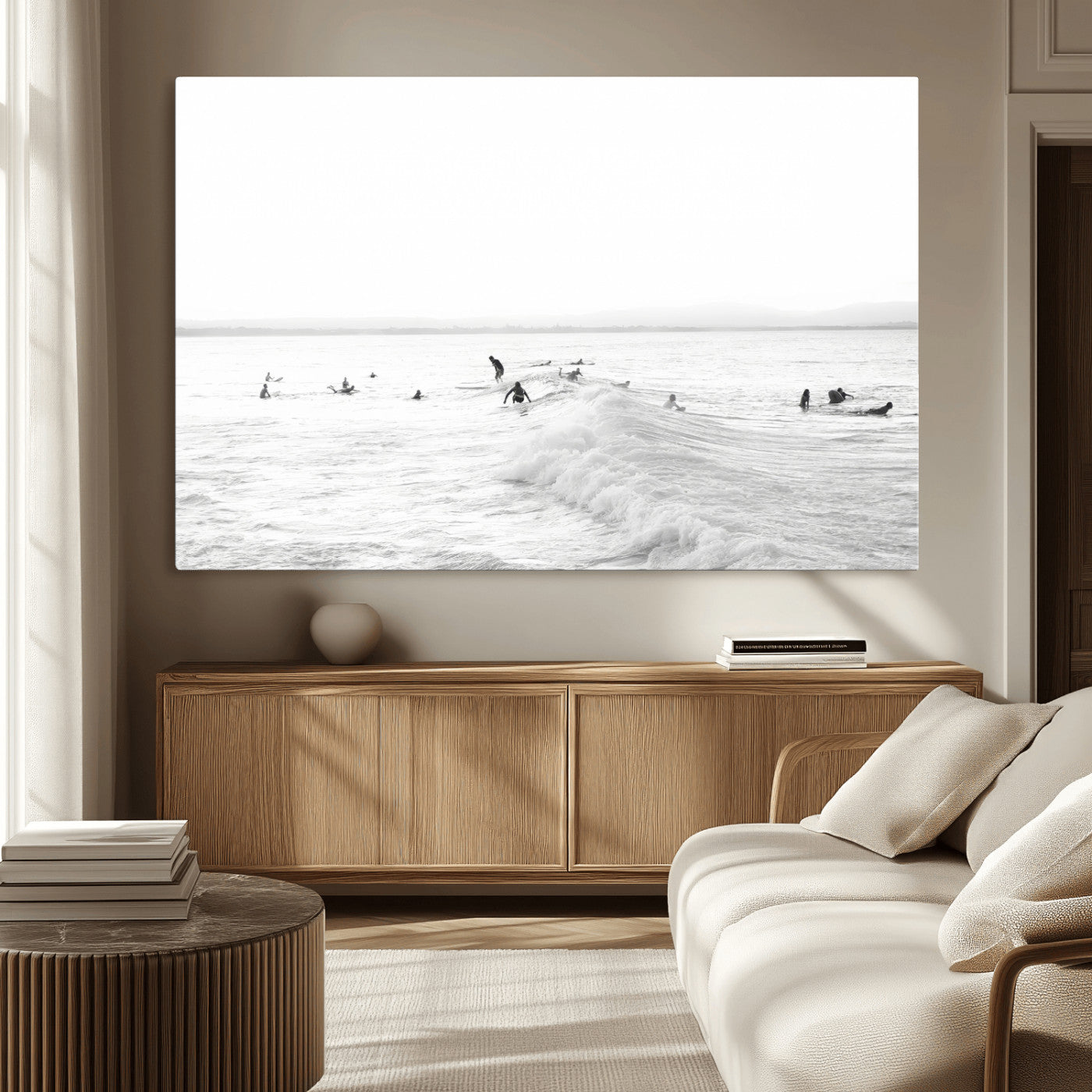 33449548-MGV-CV-36X24-Group Surfers Wall Art Canvas Print, Framed Ocean Wave Art Picture Print, Surf Crowd Perfect Monochrome Surf Decor Artwork