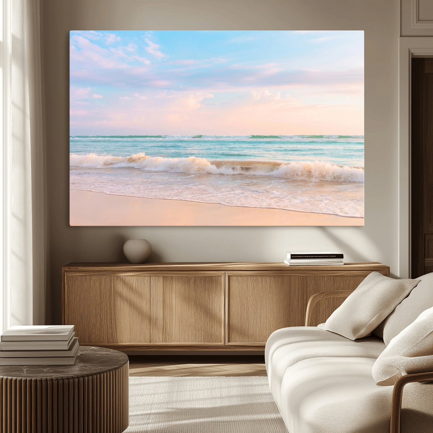 74679437-MGV-CV-36X24-Pastel Ocean Wall Art Canvas Print, Framed Beach Waves Art Picture Print, Soft Sunset Perfect Pastel Coastal Decor Artwork