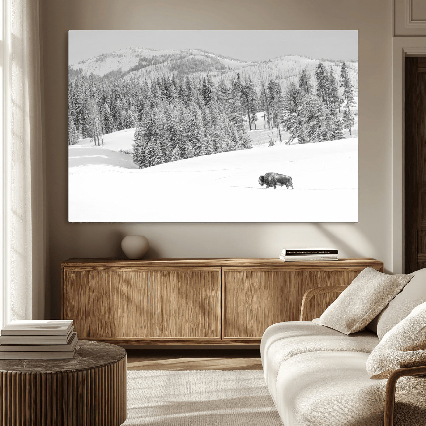 68081143-MGV-CV-36X24-Snowy Bison Wall Art Canvas Print, Framed Winter Forest Art Picture Print, Lone Bison Perfect Monochrome Winter Wild Decor Artwork