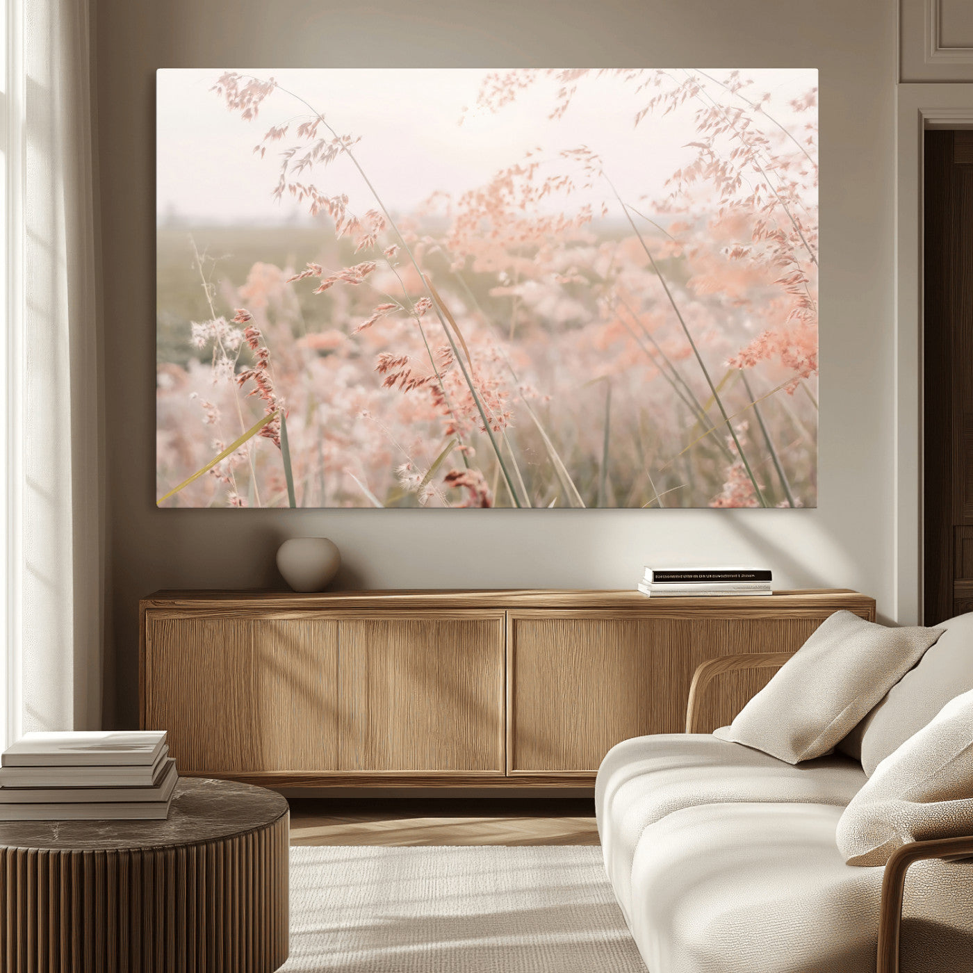 79164340-MGV-CV-36X24-Pastel Grasses Wall Art Canvas Print, Framed Soft Meadow Art Picture Print, Field in Breeze Perfect Pastel Minimal Decor Artwork