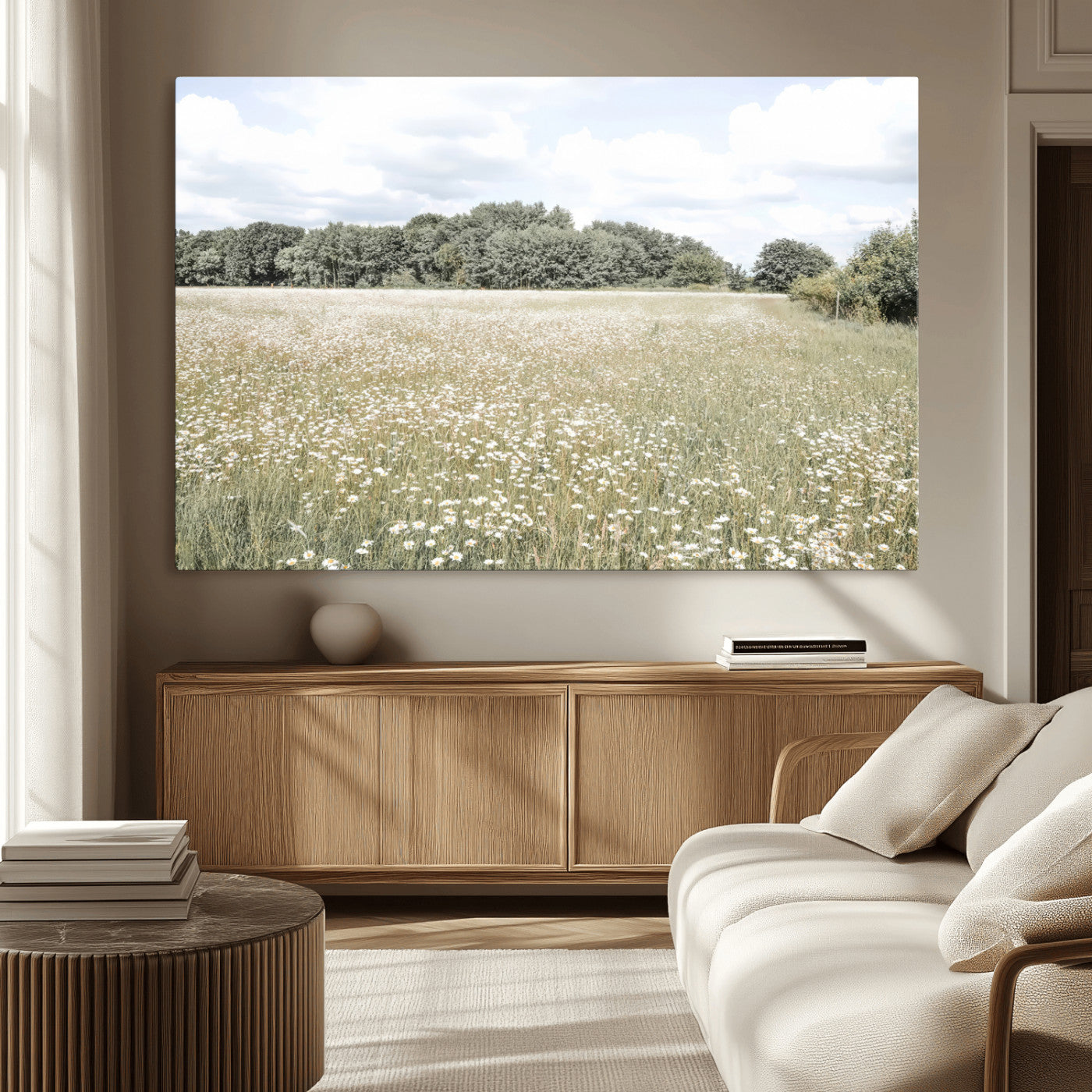 43258946-MGV-CV-36X24-Daisy Field Wall Art Canvas Print, Framed Pastel Flower Art Picture Print, Meadow Bloom Perfect Scandinavian Minimalist Decor