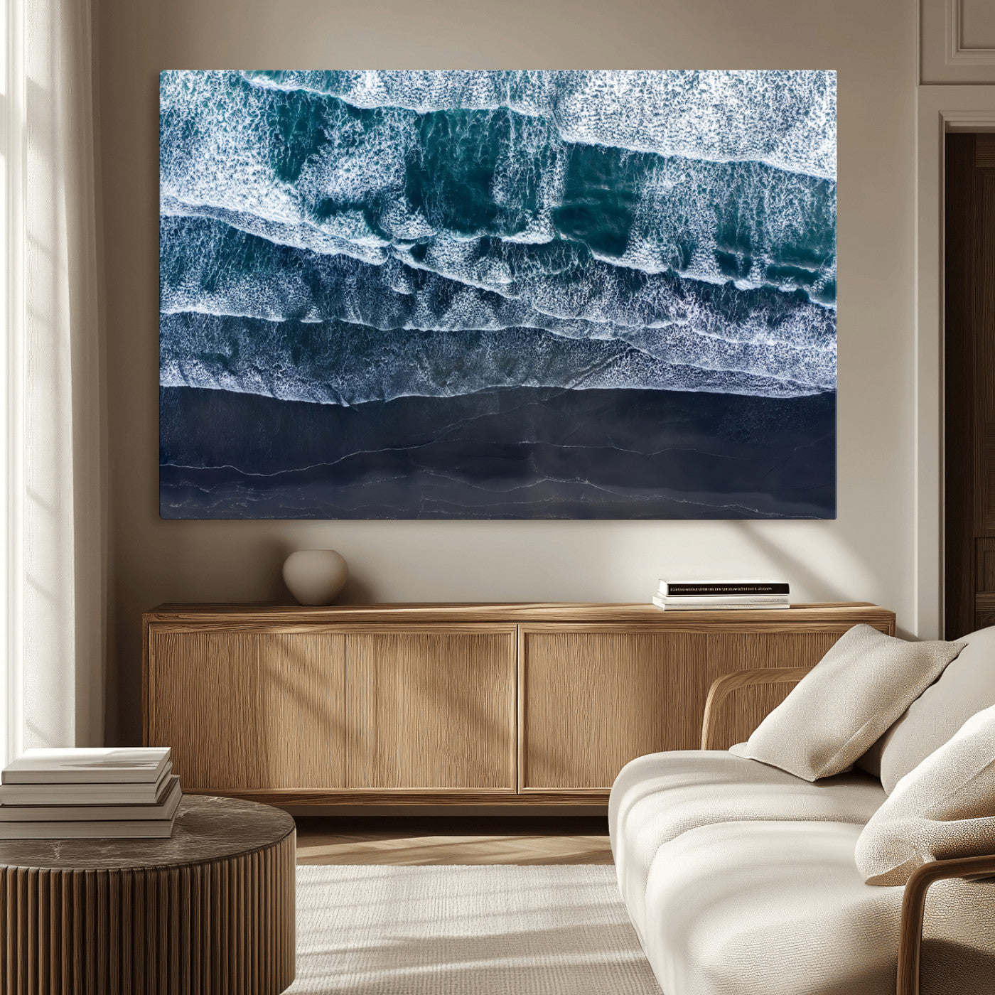 87941475-MGV-CV-36X24-Black Beach Wall Art Canvas Print, Framed Aerial Ocean Art Picture Print, Moody Coastal Perfect Modern Coastal Decor Artwork