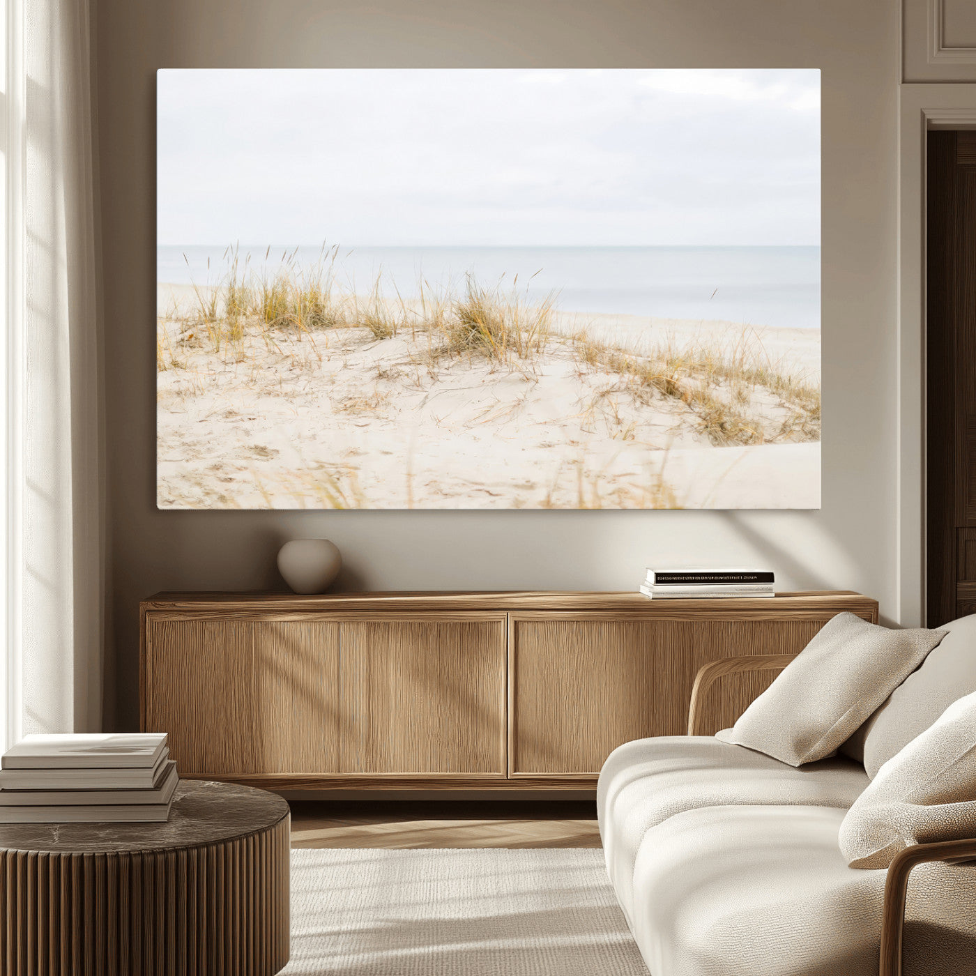 13146857-MGV-CV-36X24-Beach Dunes Wall Art Canvas Print, Framed Soft Horizon Art Picture Print, Coastal Grass Perfect Minimalist Coastal Decor Artwork