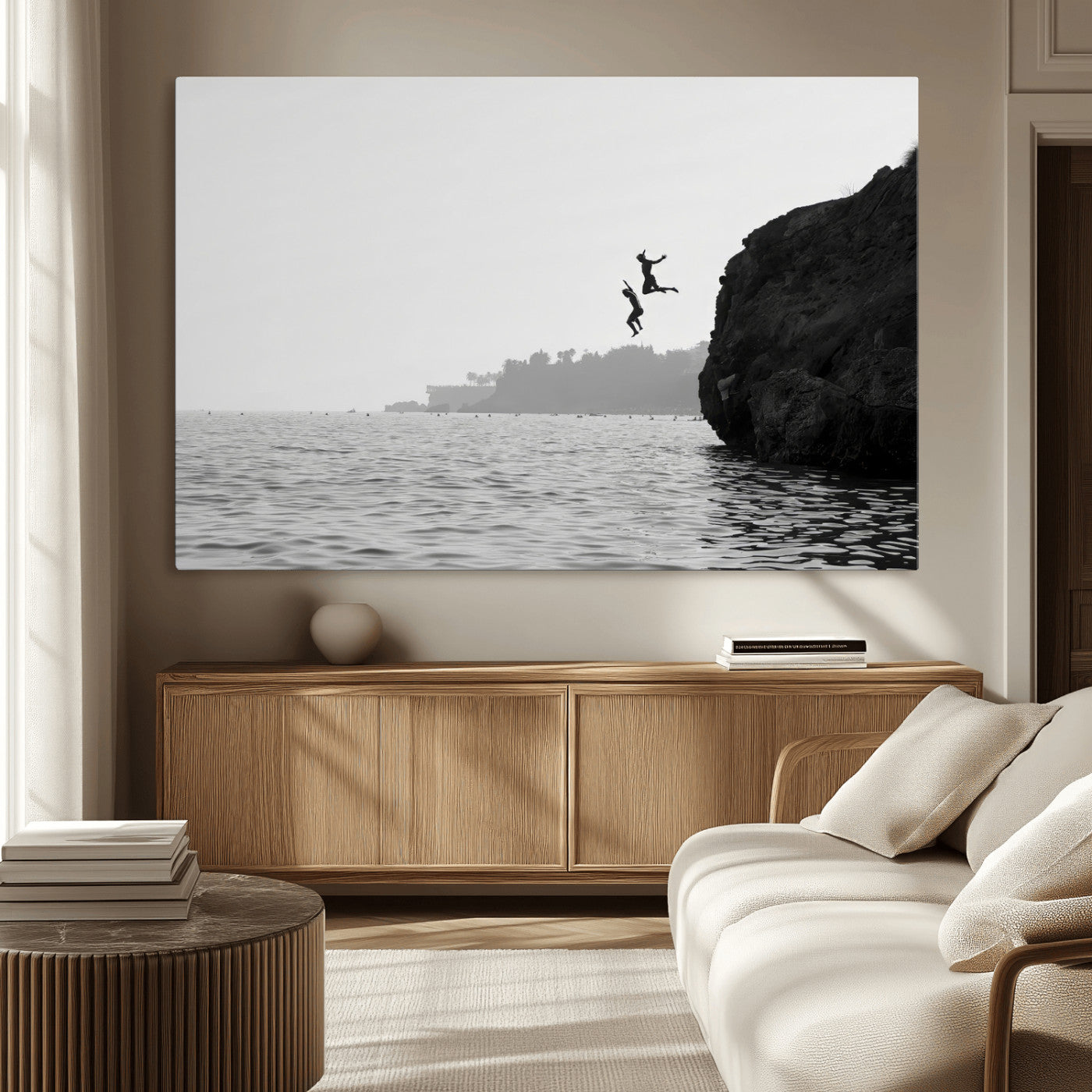 52284302-MGV-CV-36X24-Cliff Jumping Wall Art Canvas Print, Framed Ocean Adventure Art Picture Print, Black White Coast Perfect Modern Coastal Decor