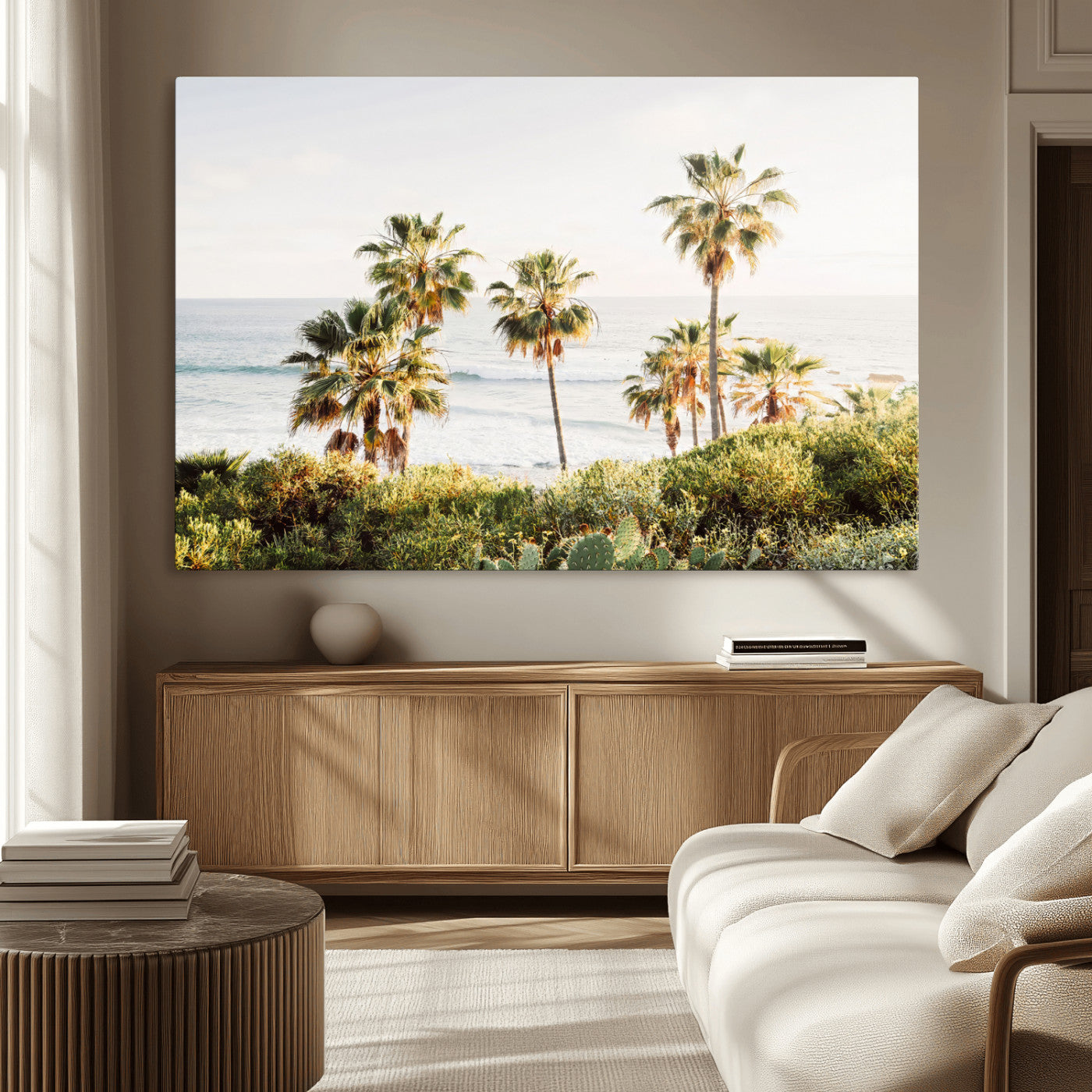 94707294-MGV-CV-36X24-California Coast Wall Art Canvas Print, Framed Palm Trees Art Picture Print, Coastal Landscape Perfect Coastal Minimalist Decor