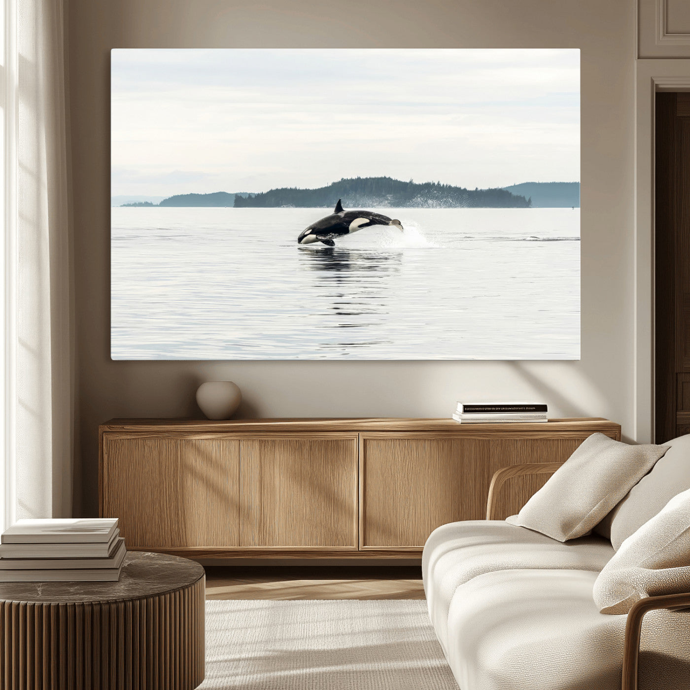 10157174-MGV-CV-36X24-Orca Whale Wall Art Canvas Print, Framed Black White Whale Art Picture Print, Minimalist Ocean Perfect Coastal Minimalist Decor