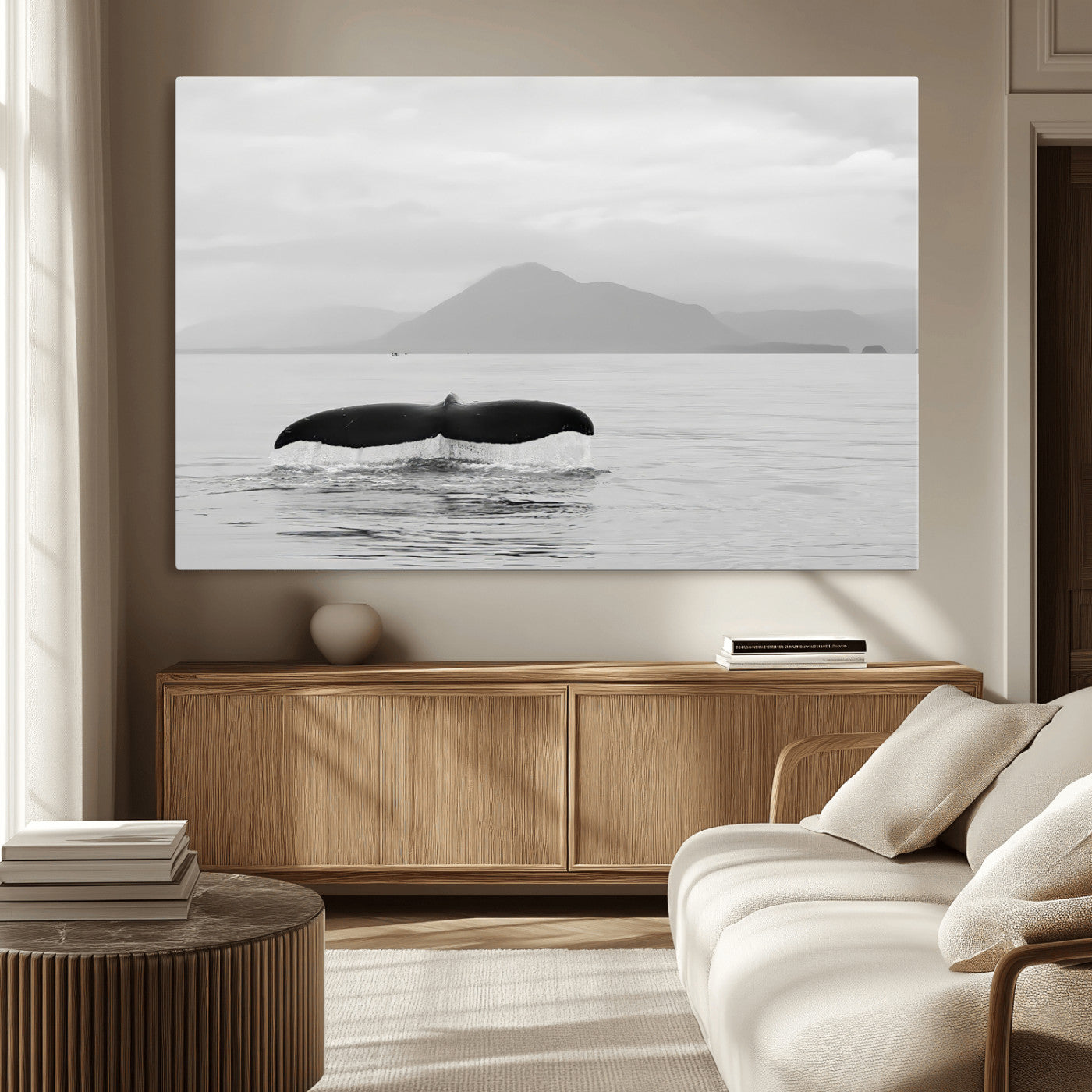 30524220-MGV-CV-36X24-Whale Tail Wall Art Canvas Print, Framed Black White Ocean Art Picture Print, Calm Marine Perfect Minimalist Coastal Decor Artwork
