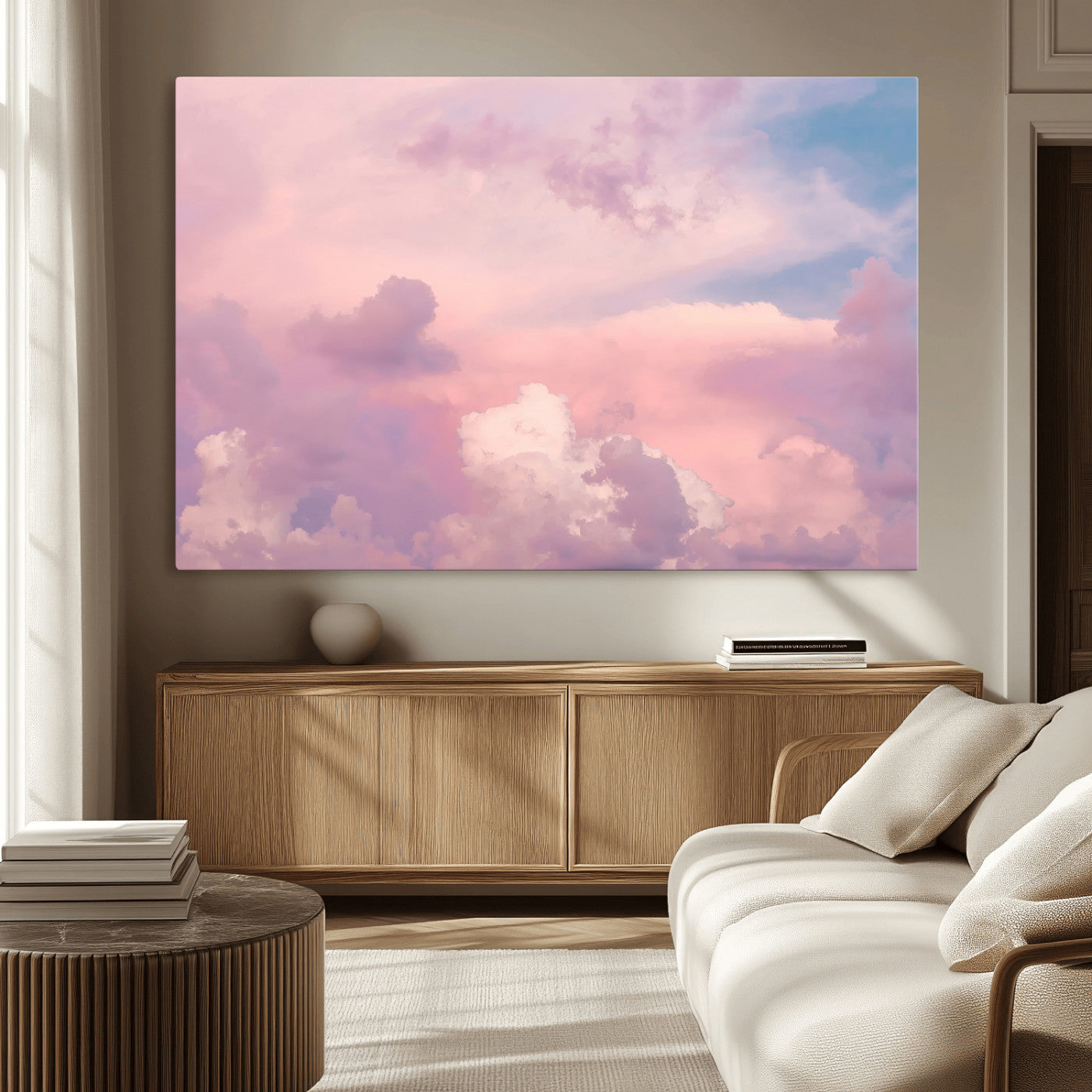 22874890-MGV-CV-36X24-Pastel Sky Wall Art Canvas Print, Framed Dreamy Cloudscape Art Picture Print, Sunset Glow Perfect Minimalist Serenity Decor