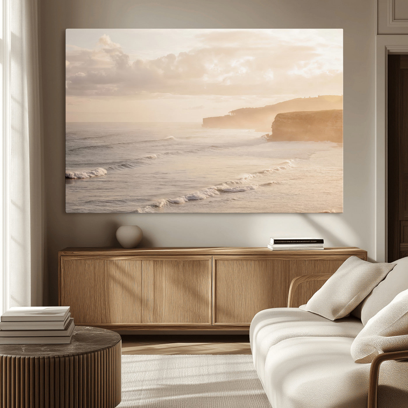 57669769-MGV-CV-36X24-Misty Coastal Wall Art Canvas Print, Framed Golden Sunset Art Picture Print, Serene Shoreline Perfect Tranquil Coastal Decor