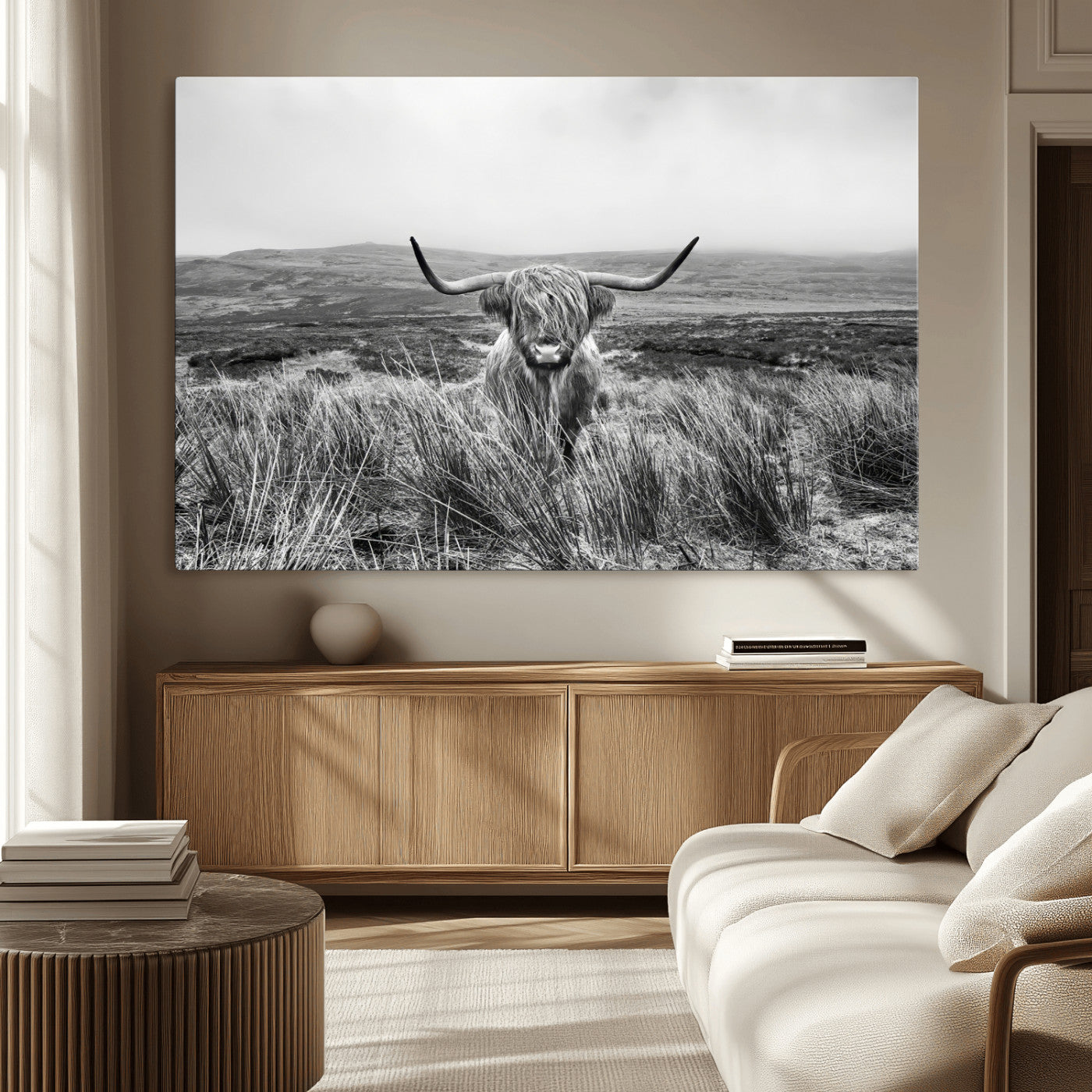 24051061-MGV-CV-36X24-Monochrome Highland Cow Wall Art Canvas Print, Framed Scottish Bull Art Picture Print, Lone Cattle Perfect Rustic Farmhouse Decor