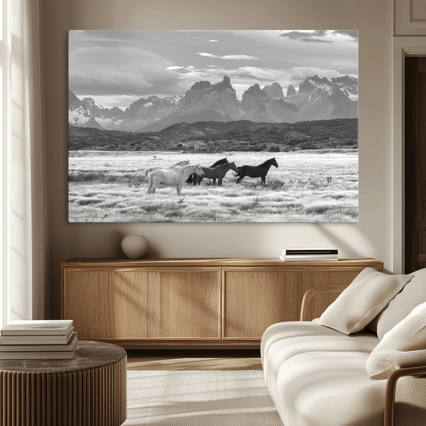21655040-MGV-CV-36X24-Wild Horses Wall Art Canvas Print, Framed Black White Mountains Art Picture Print, Rustic Countryside Perfect Rustic Western Decor