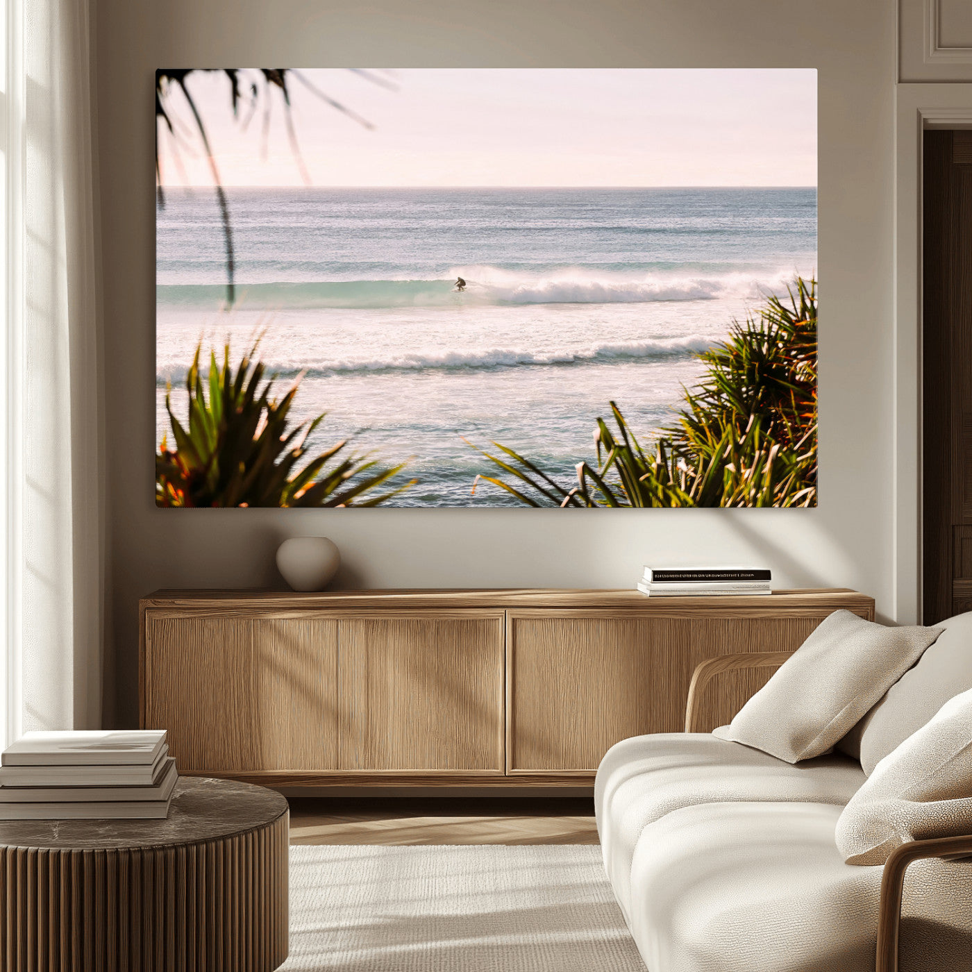 23287092-MGV-CV-36X24-Ocean Surfer Wall Art Canvas Print, Framed Coastal Surf Art Picture Print, Tropical Beach Perfect Tropical Coastal Decor Artwork