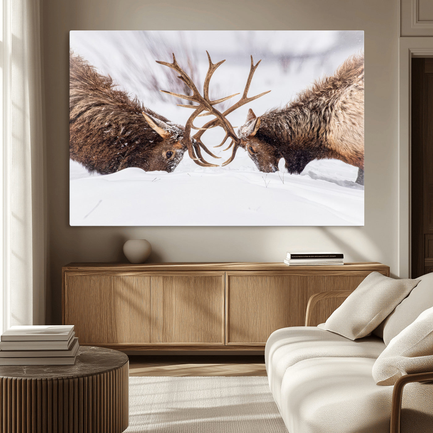 36507609-MGV-CV-36X24-Elk Clash Scene Wall Art Canvas Print, Framed Wildlife Strength Decor Art Picture Print, Snowy Forest Elk Perfect Rustic Lodge