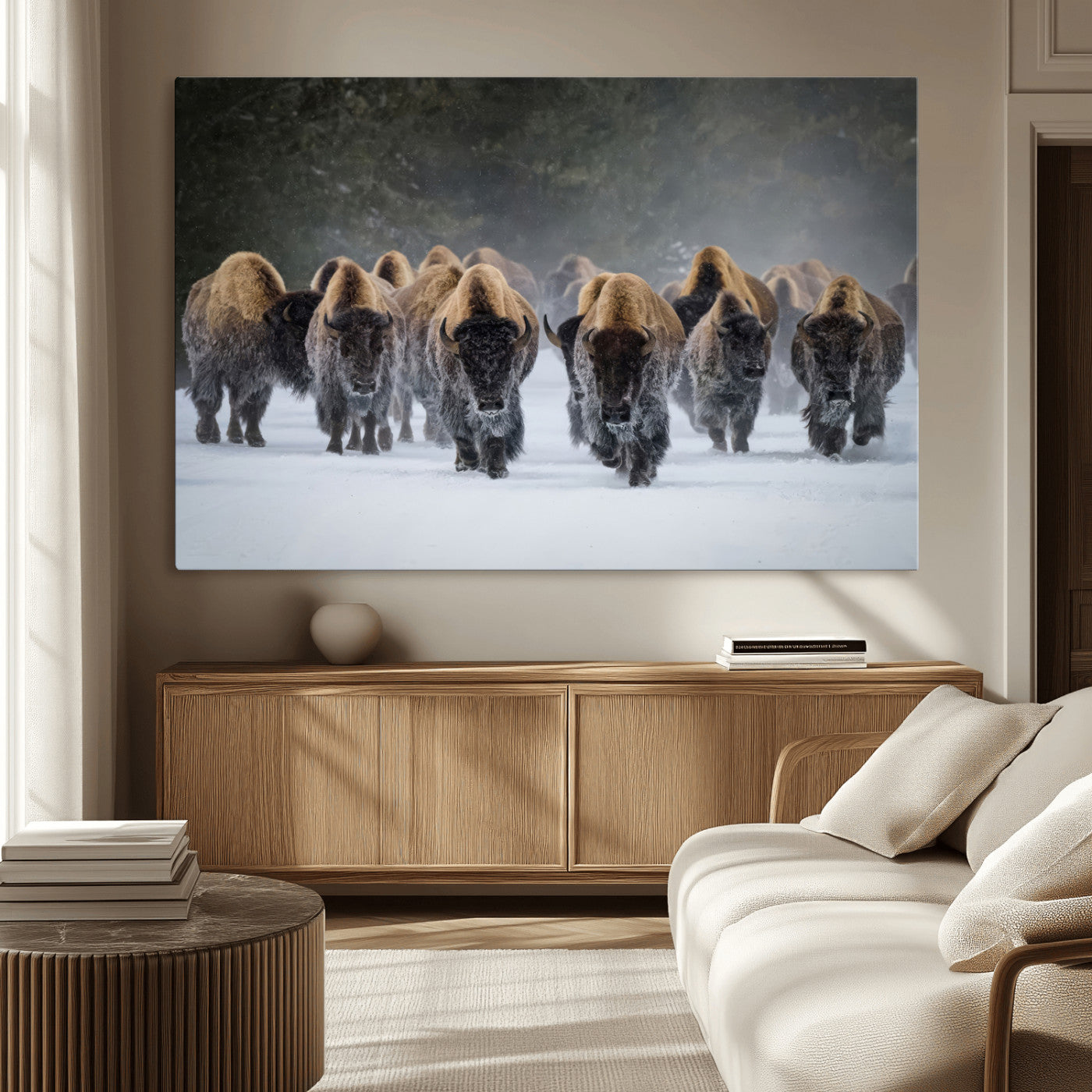 41669135-MGV-CV-36X24-Bison Herd Scene Wall Art Canvas Print, Framed Rustic Wildlife Decor Art Picture Print, Snowy Bison Landscape Perfect Rustic