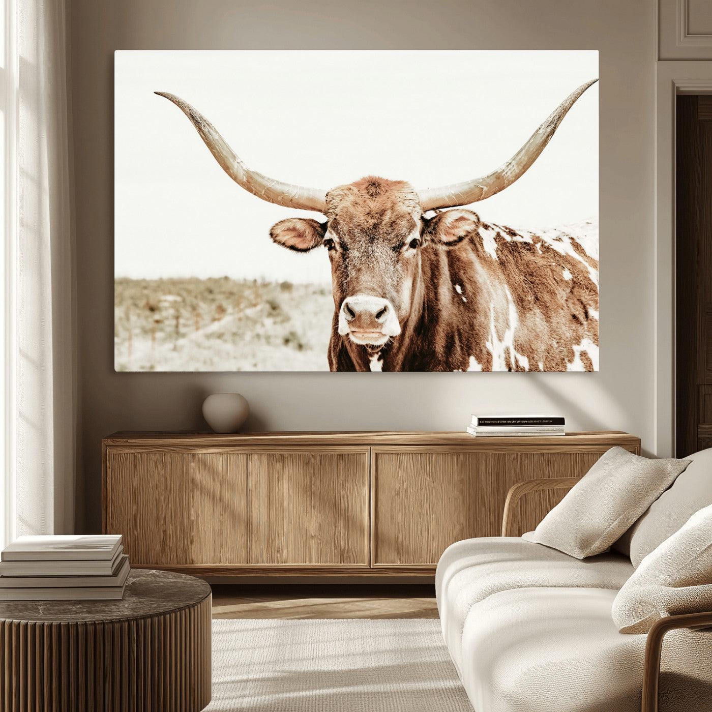 98924580-MGV-CV-36X24-Texas Longhorn Bull Wall Art Canvas Print, Framed Rustic Farmhouse Decor Art Picture Print, Western Animal Theme Perfect Rustic