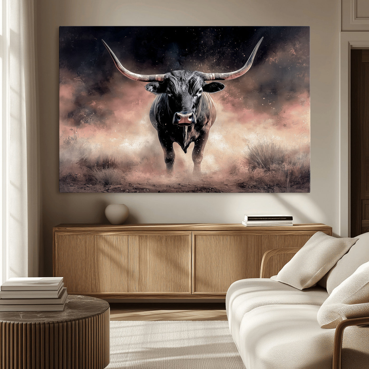 71457818-MGV-CV-36X24-Longhorn Wall Art Wall Art Canvas Print, Framed Western Bull Canvas Art Picture Print, Rustic Cow Decor Perfect Western Dramatic