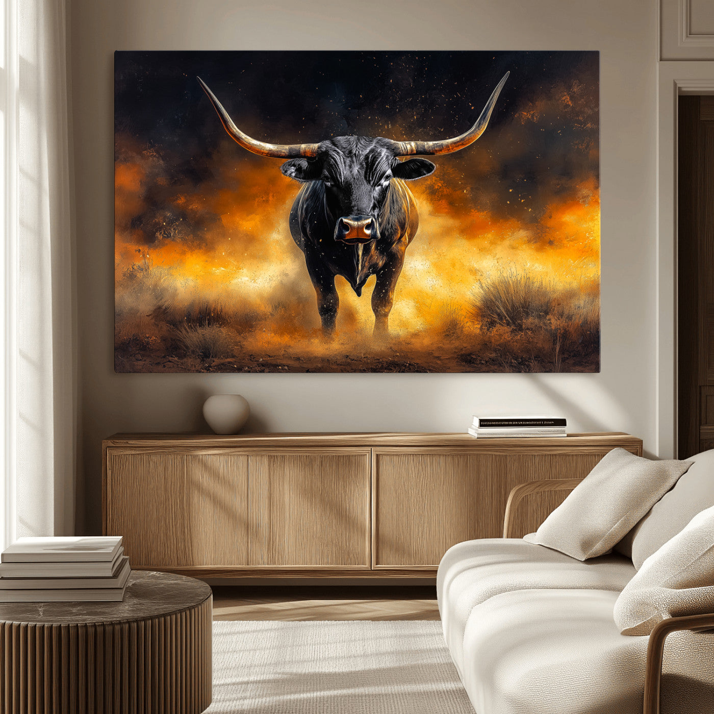 58293979-MGV-CV-36X24-Longhorn Canvas Wall Art Canvas Print, Framed Bold Bull Wall Art Art Picture Print, Western Animal Decor Perfect Western Dramatic