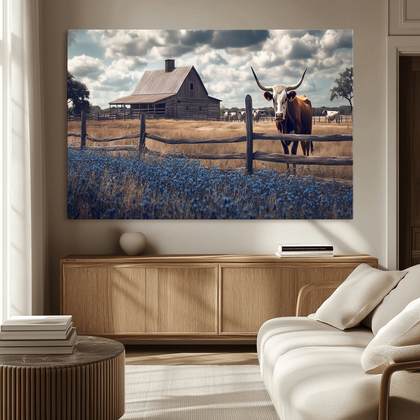 51092814-MGV-CV-36X24-Texas Longhorn Wall Art Wall Art Canvas Print, Framed Rustic Barn Canvas Art Picture Print, Farmhouse Cow Decor Perfect Rustic