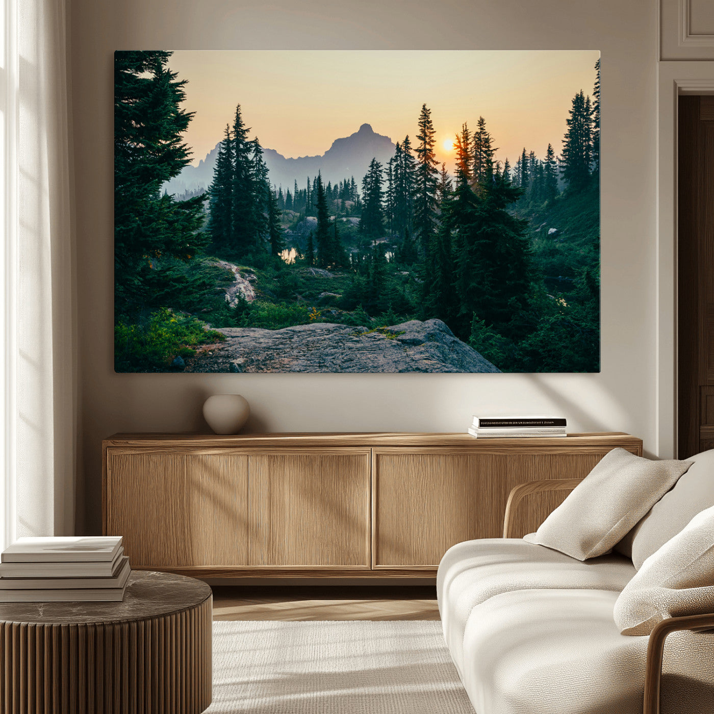 66397982-MGV-CV-36X24-Mountain Landscape Wall Art Canvas Print, Framed Forest Serenity Art Picture Print, Mountain Landscape Perfect Rustic Wilderness