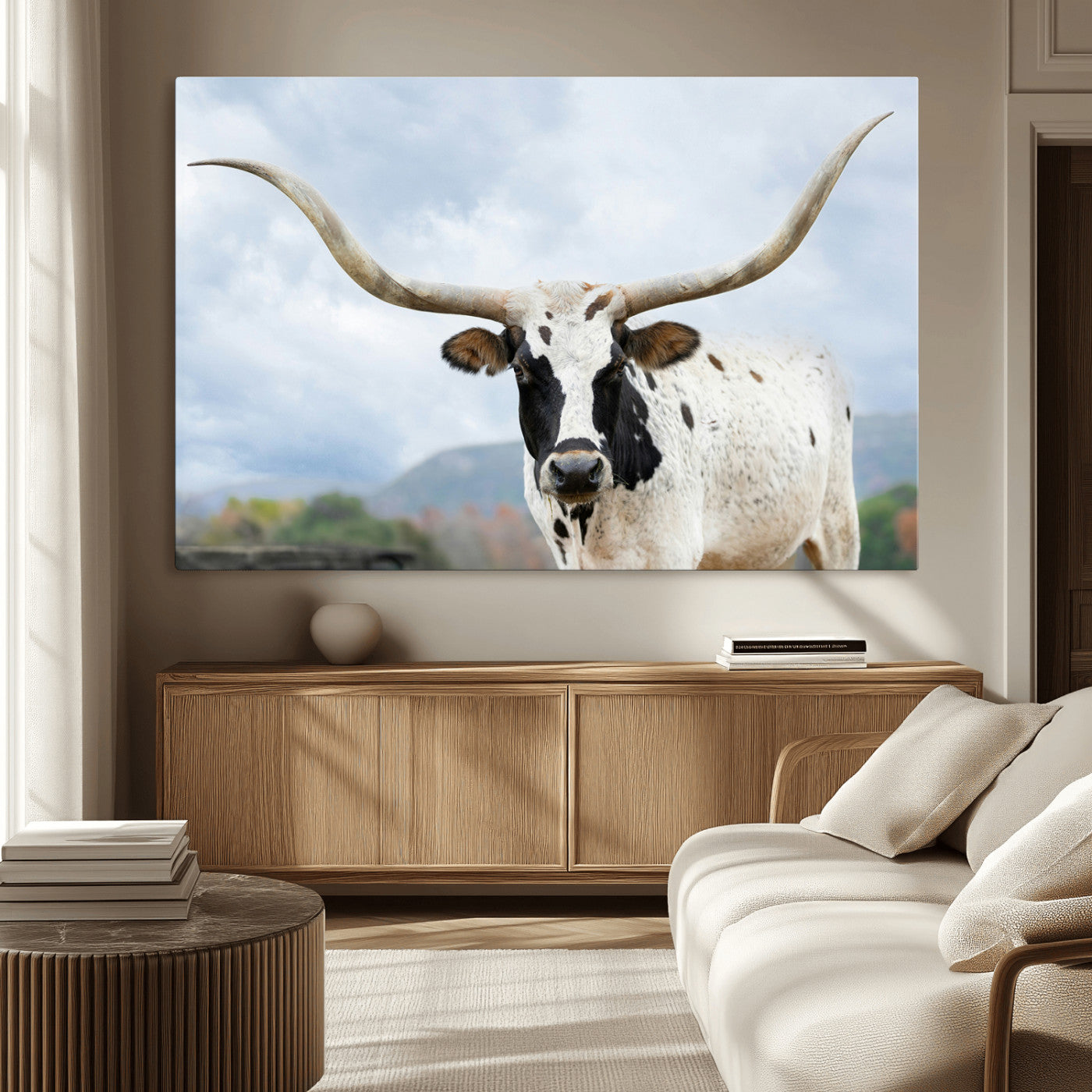 63592811-MGV-CV-36X24-Texas Longhorn Wall Art Canvas Print, Framed Western Rustic Art Picture Print, Farmhouse Decor Perfect Rustic Farmhouse Decor