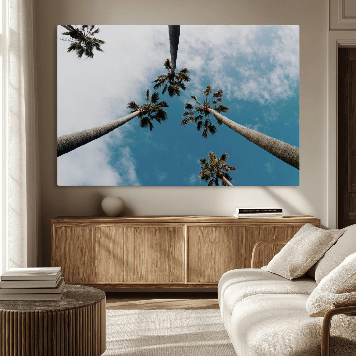 45236398-MGV-CV-36X24-Tropical Palm Trees Wall Art Canvas Print, Framed California Sky Art Picture Print, Minimalist Nature Perfect Coastal Minimalist