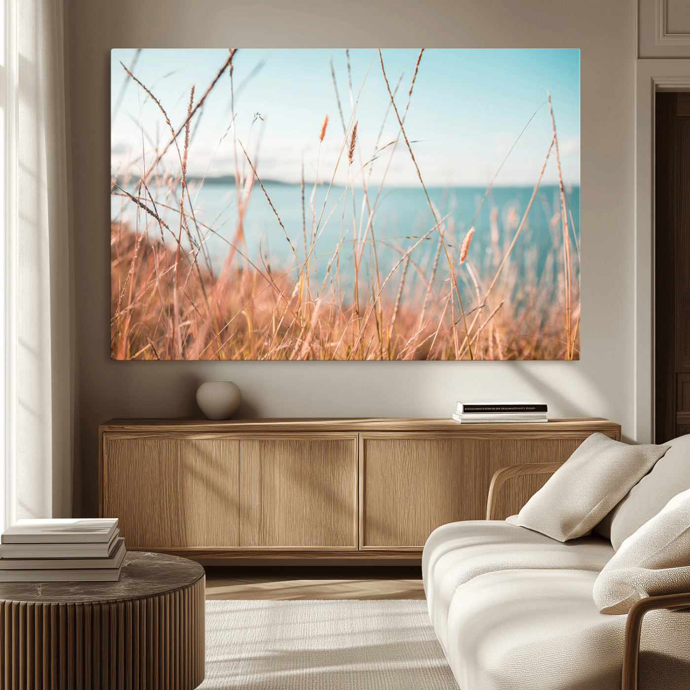 36108696-MGV-CV-36X24-Coastal Grass Wall Art – Serene Ocean View Canvas Print, Beach Nature Photography Decor for Living Room, Bedroom, Office or Modern