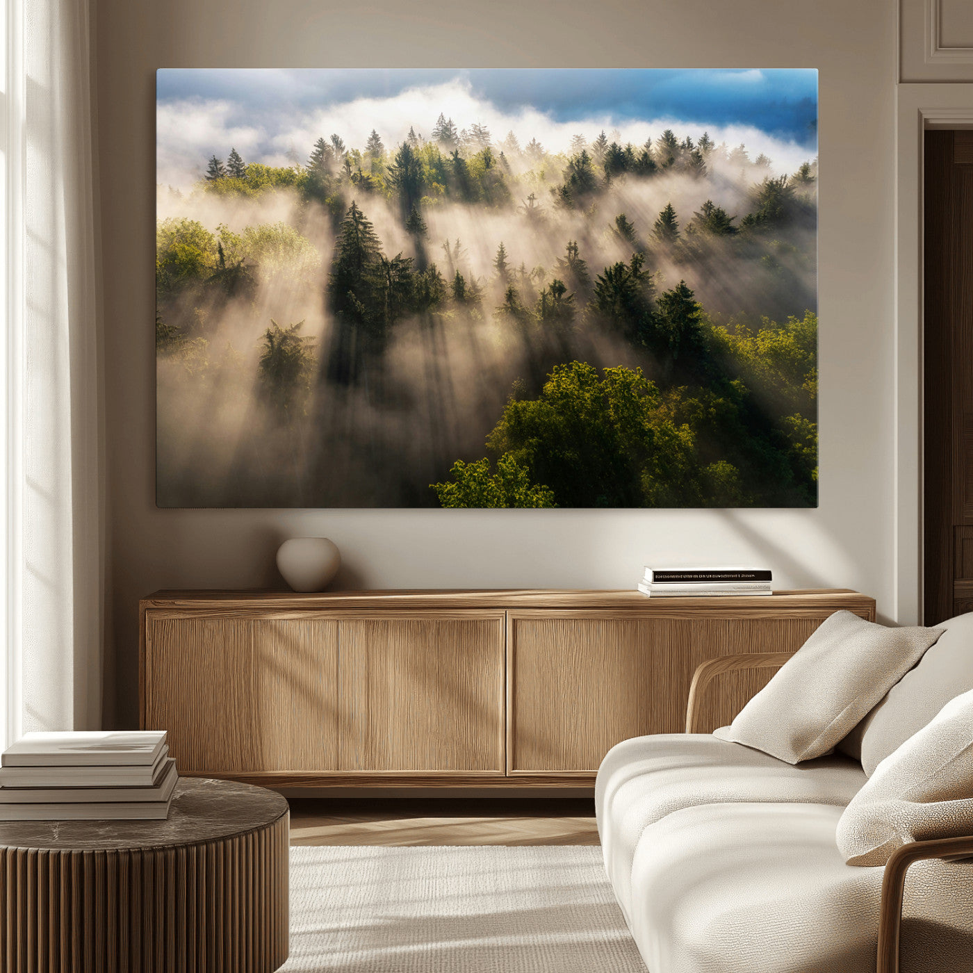 14785710-MGV-CV-36X24-Tranquil Forest Scene Wall Art Canvas Print, Framed Sunbeam Through Trees Art Picture Print, Moody Green Wall Art Perfect