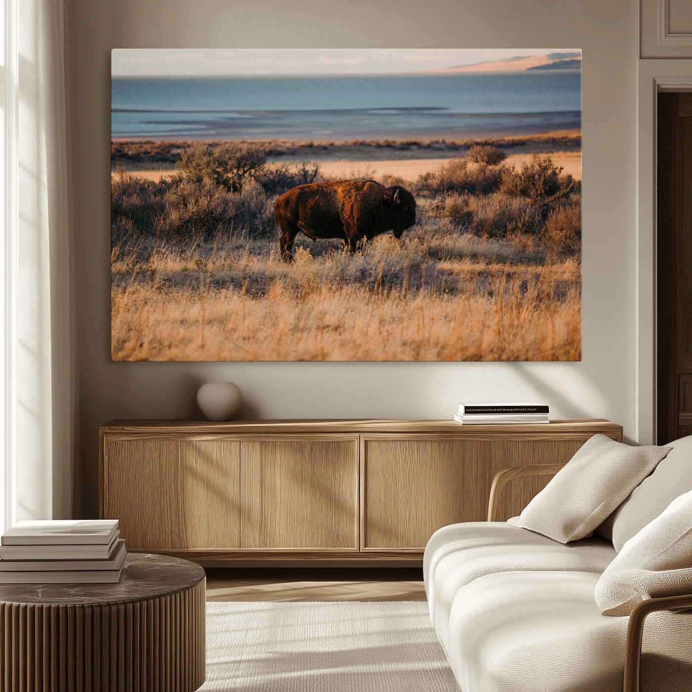 39509187-MGV-CV-36X24-Western Wildlife Wall Art Canvas Print, Framed Bison Art Picture Print, Golden Hour Perfect Western Rustic Decor Artwork