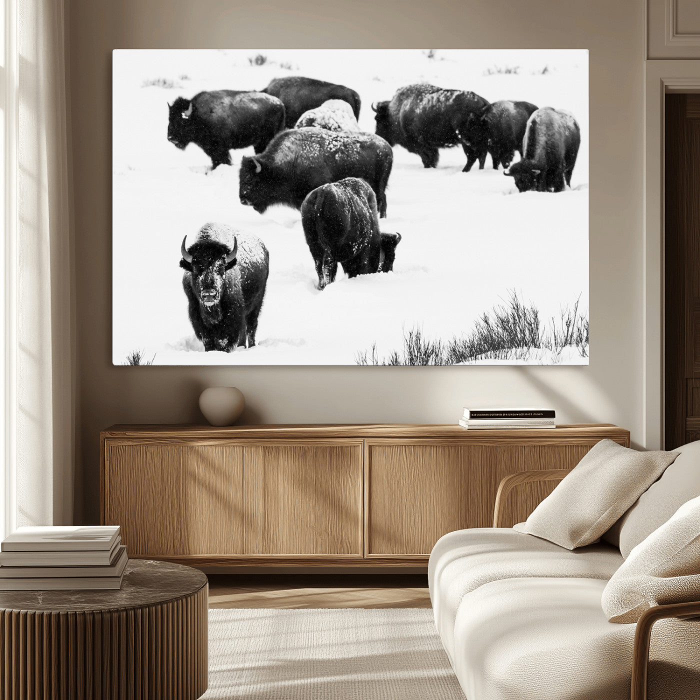 18914414-MGV-CV-36X24-Buffalo Herd Wall Art Canvas Print, Framed Black and White Art Picture Print, Snowy Landscape Perfect Rustic Lodge Decor Decor