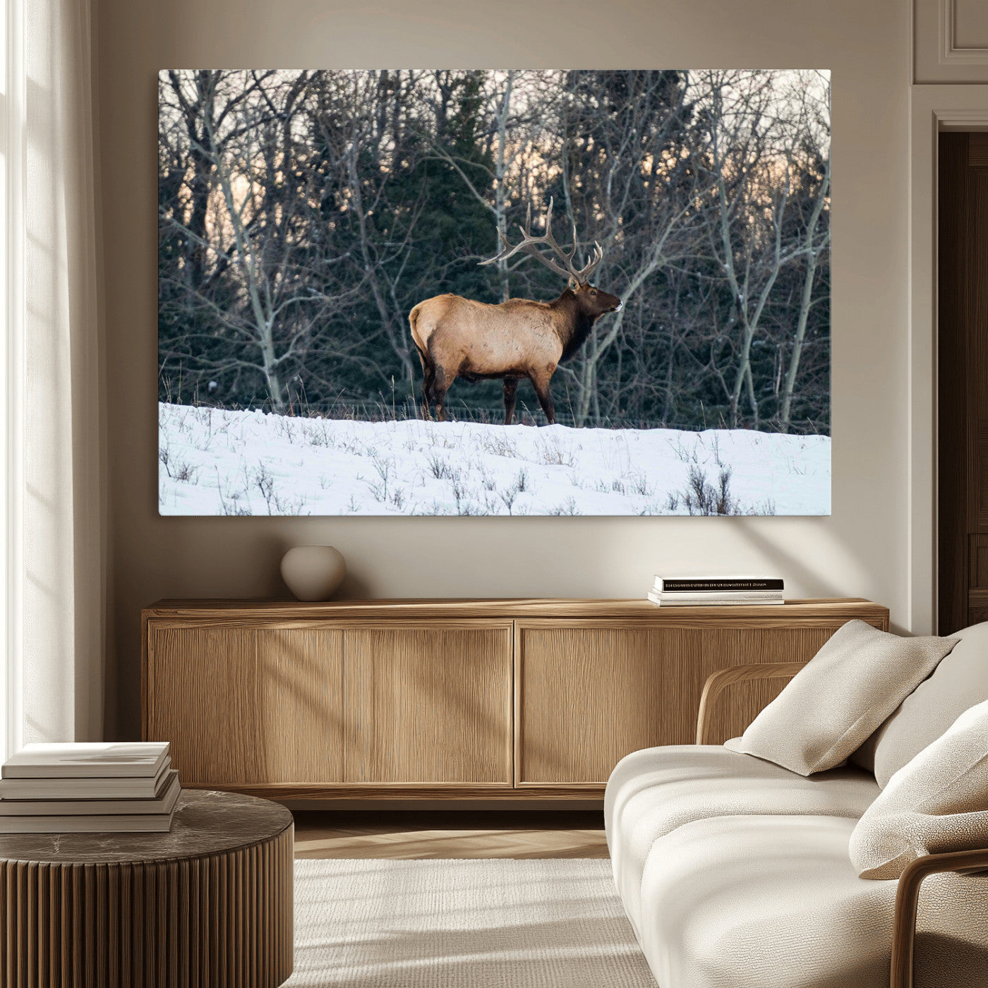 36533178-MGV-CV-36X24-Wild Elk Photography Wall Art Canvas Print, Framed Winter Wildlife Art Picture Print, Snowy Forest Perfect Rustic Lodge Decor