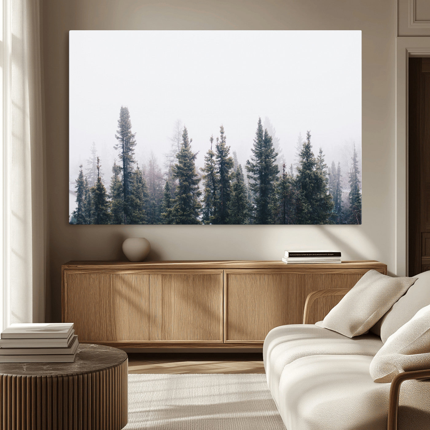 42364796-MGV-CV-36X24-Foggy Forest Wall Art Canvas Print, Framed Misty Pines Art Picture Print, Moody Woodland Perfect Scandinavian Minimalist Decor