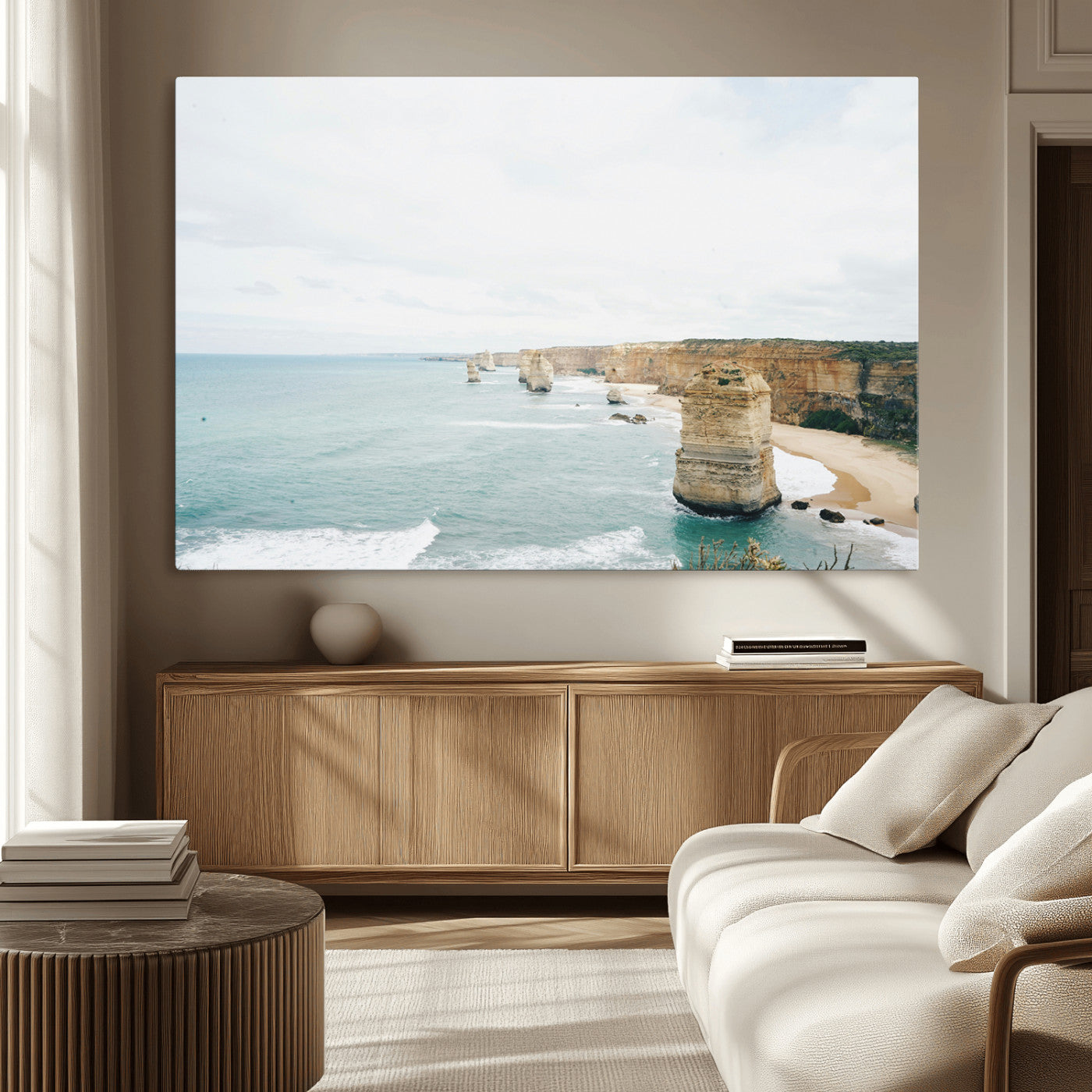 70095633-MGV-CV-36X24-Twelve Apostles Wall Art Canvas Print, Framed Coastal Cliffs Art Picture Print, Rugged Rock Formations Perfect Minimalist Coastal