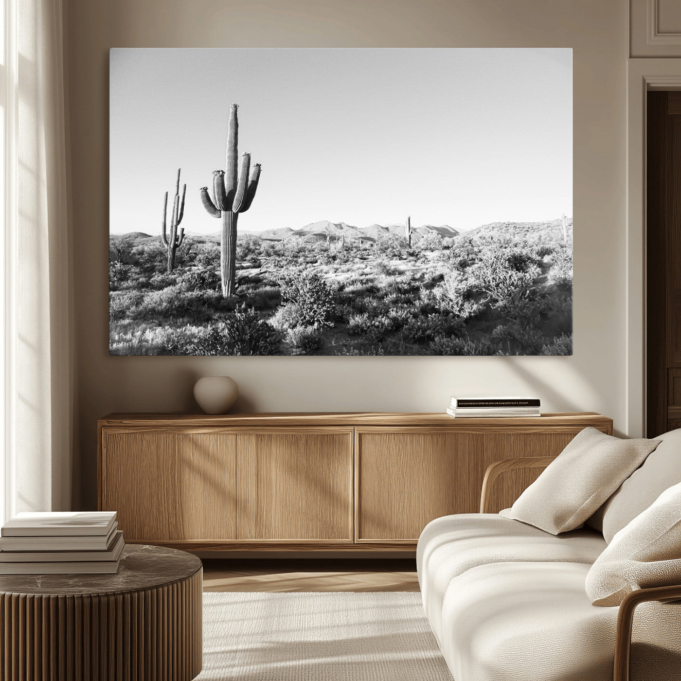 85205054-MGV-CV-36X24-Saguaro Cactus Wall Art Canvas Print, Framed Monochrome Landscape Art Picture Print, Scenic Arizona View Perfect Minimalist
