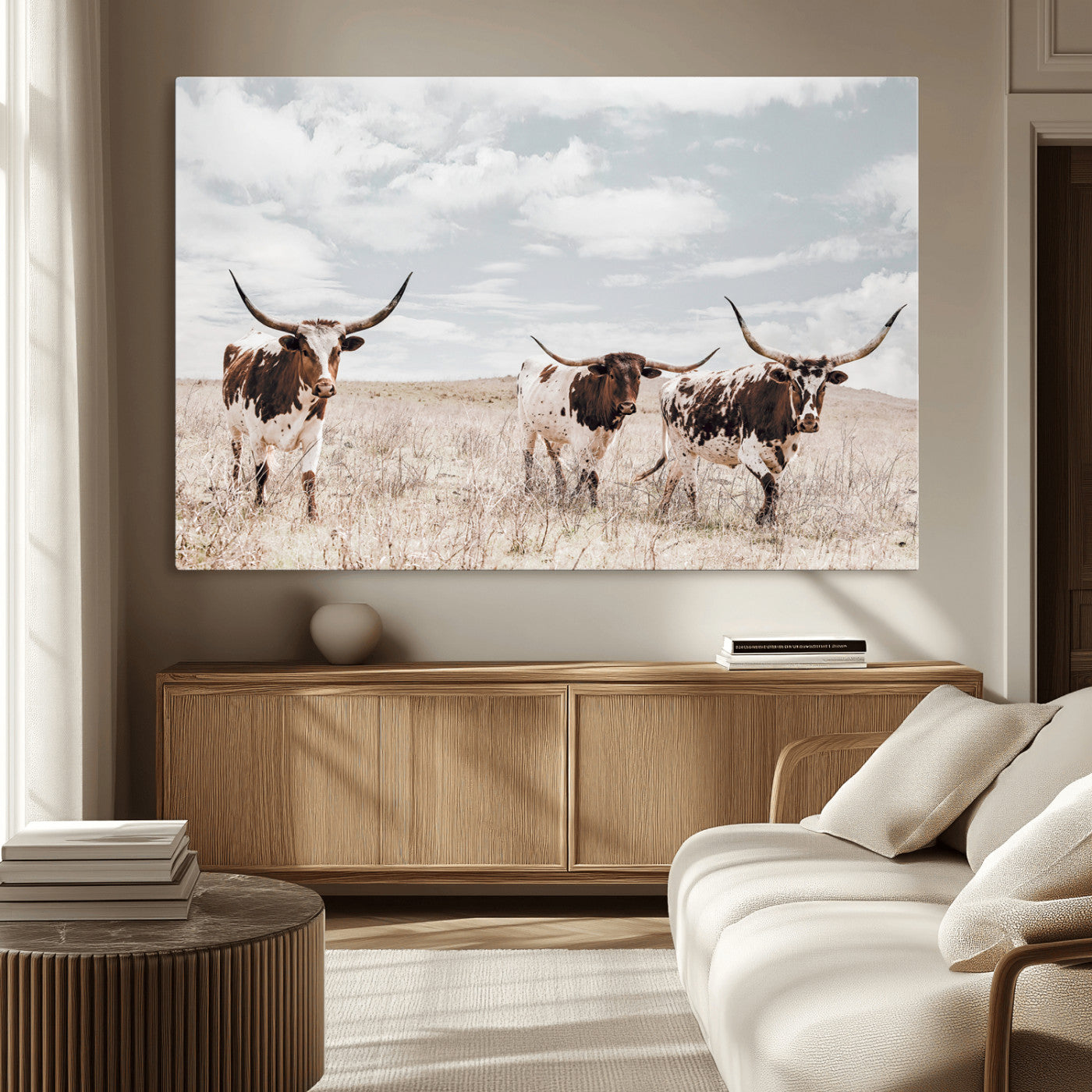 65621083-MGV-CV-36X24-Texas Longhorn Wall Art – Rustic Western Cattle Canvas Print, Southwestern Ranch Photography Decor for Living Room, Office,