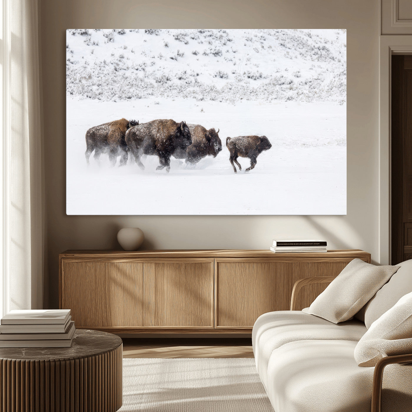 61161423-MGV-CV-36X24-Running Bison Herd Wall Art – Winter Buffalo Canvas Print, Wildlife Photography Decor for Rustic Living Room, Farmhouse, Lodge,