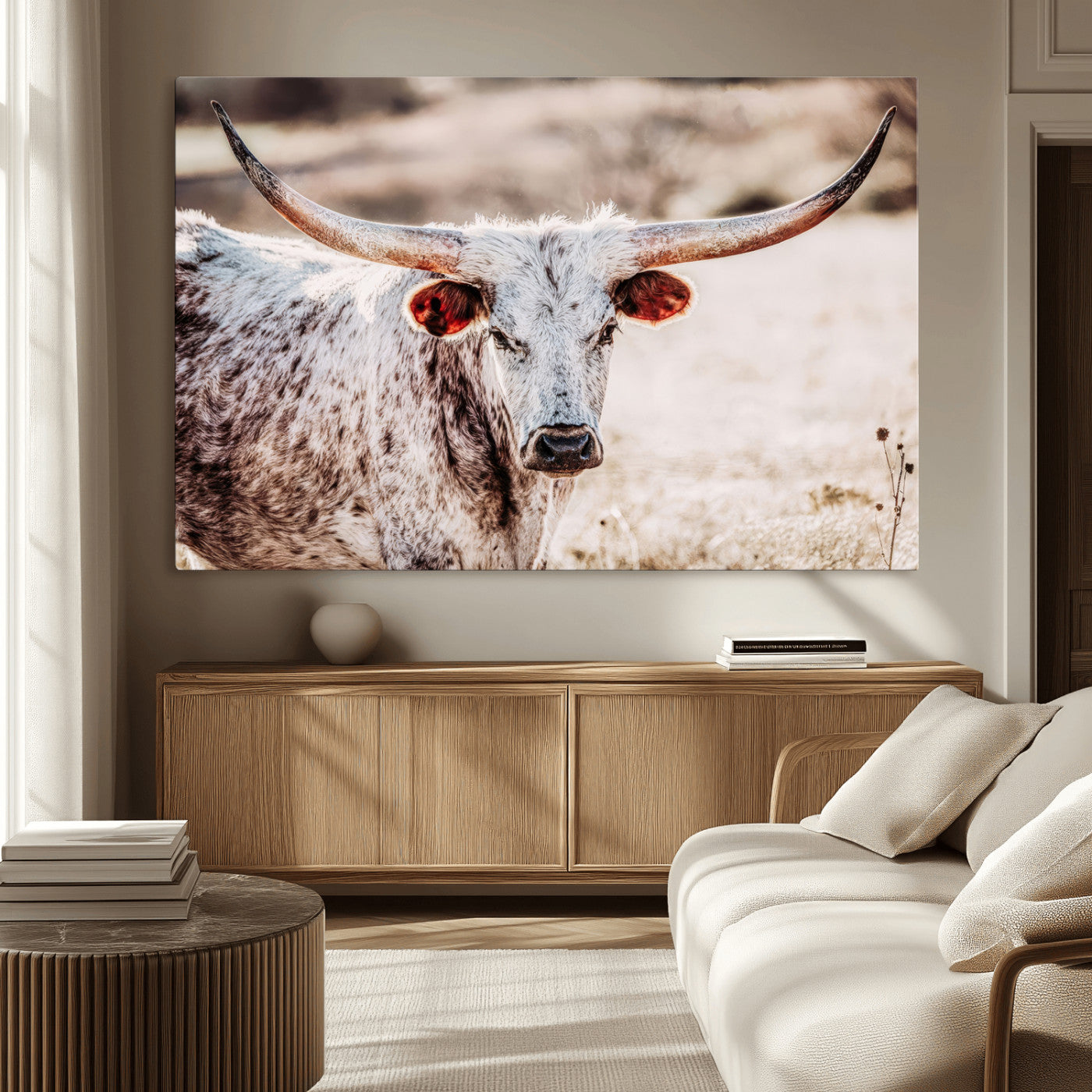 72388892-MGV-CV-36X24-Texas Longhorn Wall Art – Rustic Western Canvas Print, Cowboy Style Farmhouse Bull Artwork for Living Room, Ranch, Office or Man