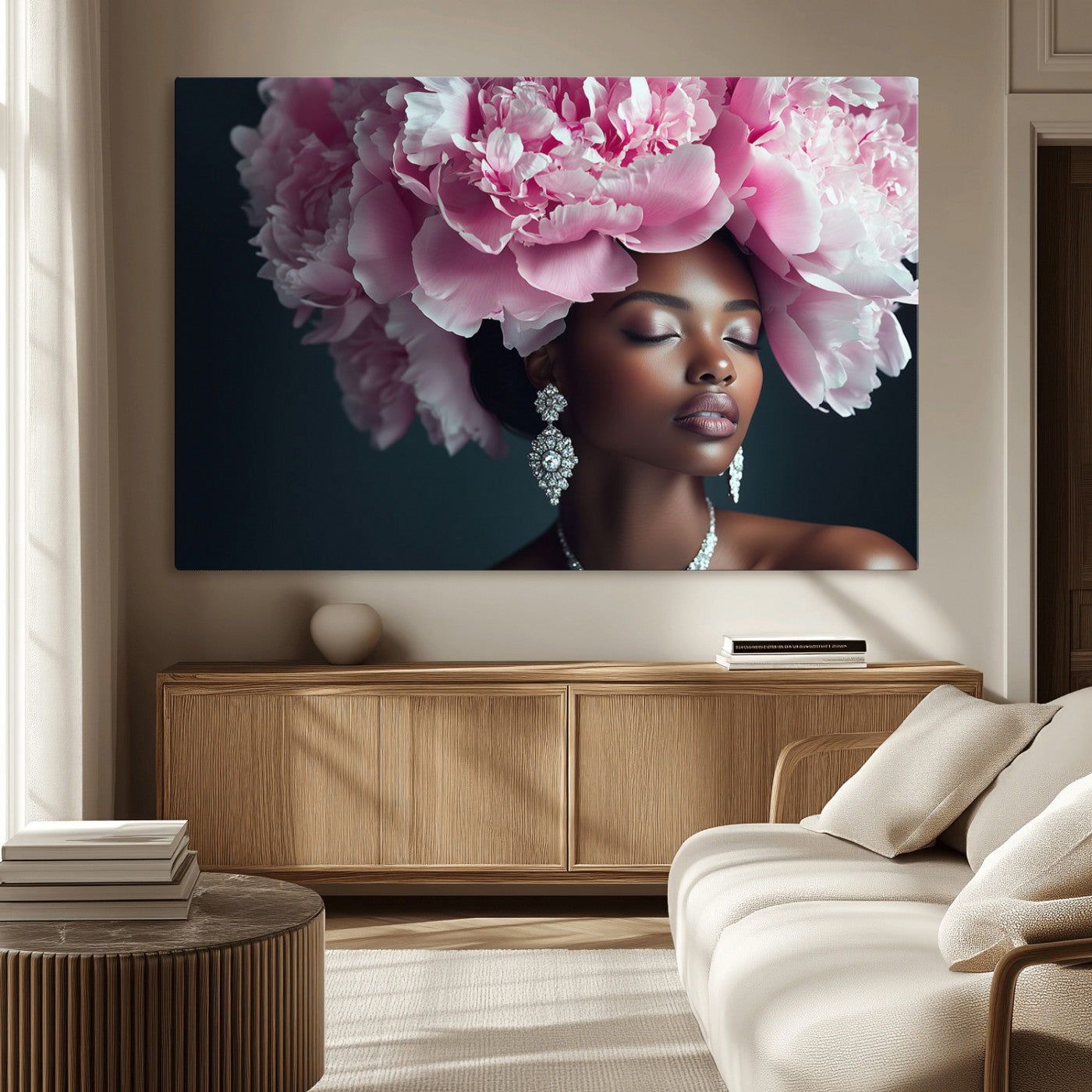 35482880-MGV-CV-36X24-Floral Portrait Wall Art – Elegant Woman with Pink Peony Headpiece Canvas Print, Luxury Fashion Inspired Artwork, Modern Glam