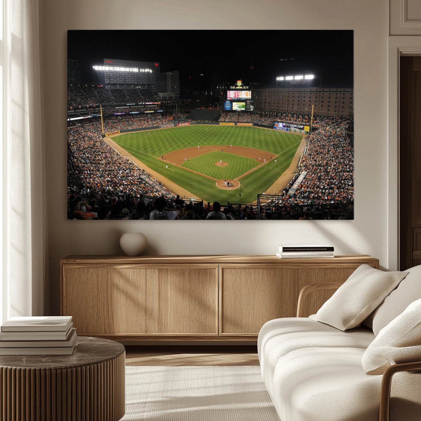 26445161-MGV-CV-36X24-Baseball Stadium at Night – Panoramic Ballpark Canvas Wall Art, Sports Decor for Man Cave, Office, Game Room, Sports Bar, Baseball