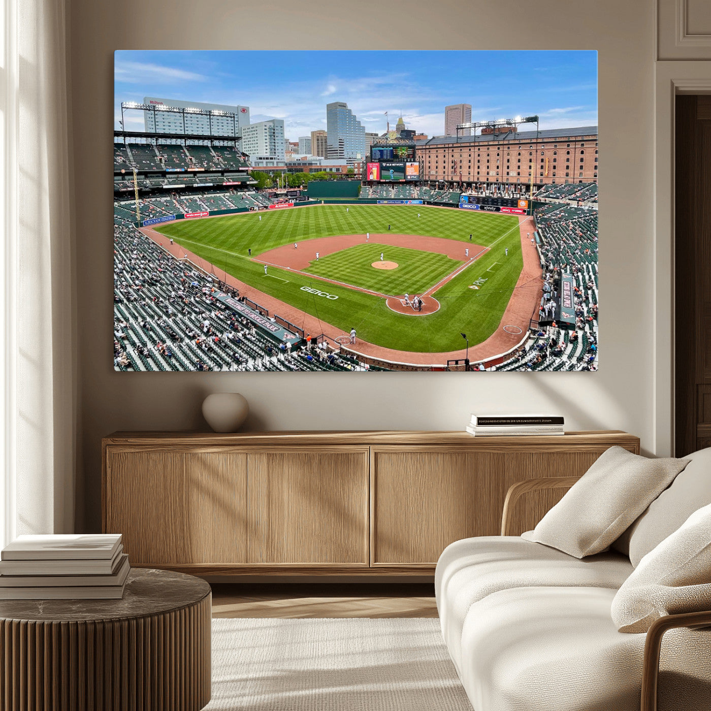 76426407-MGV-CV-36X24-Baseball Stadium Daytime – Panoramic Ballpark Canvas Wall Art, Sports Decor for Office, Man Cave, Game Room, Sports Bar, Baseball
