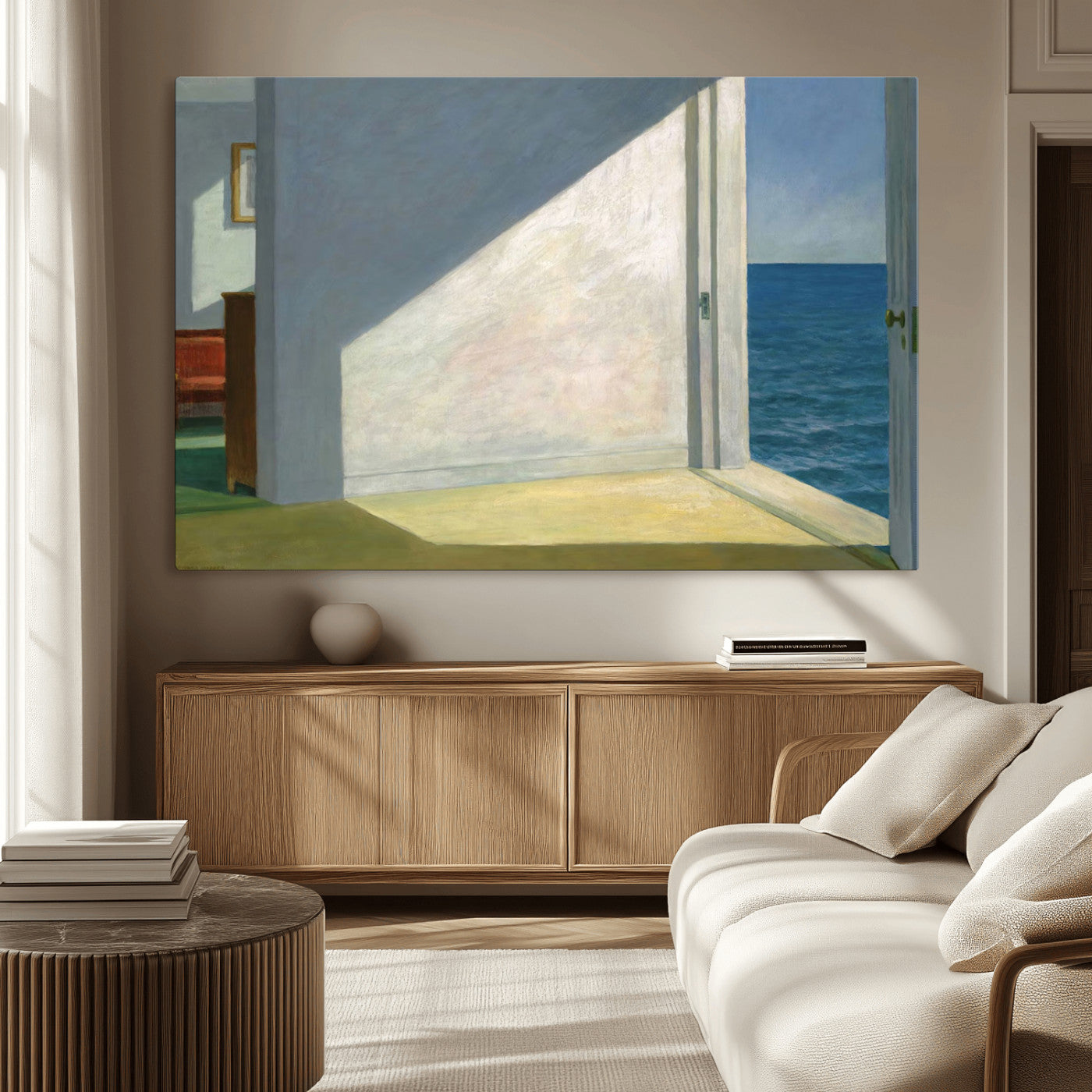 34188481-MGV-CV-36X24-Coastal Sunlight Wall Art – Minimalist Ocean View Canvas Print, Serene Beach House Inspired Decor for Bedroom, Living Room,