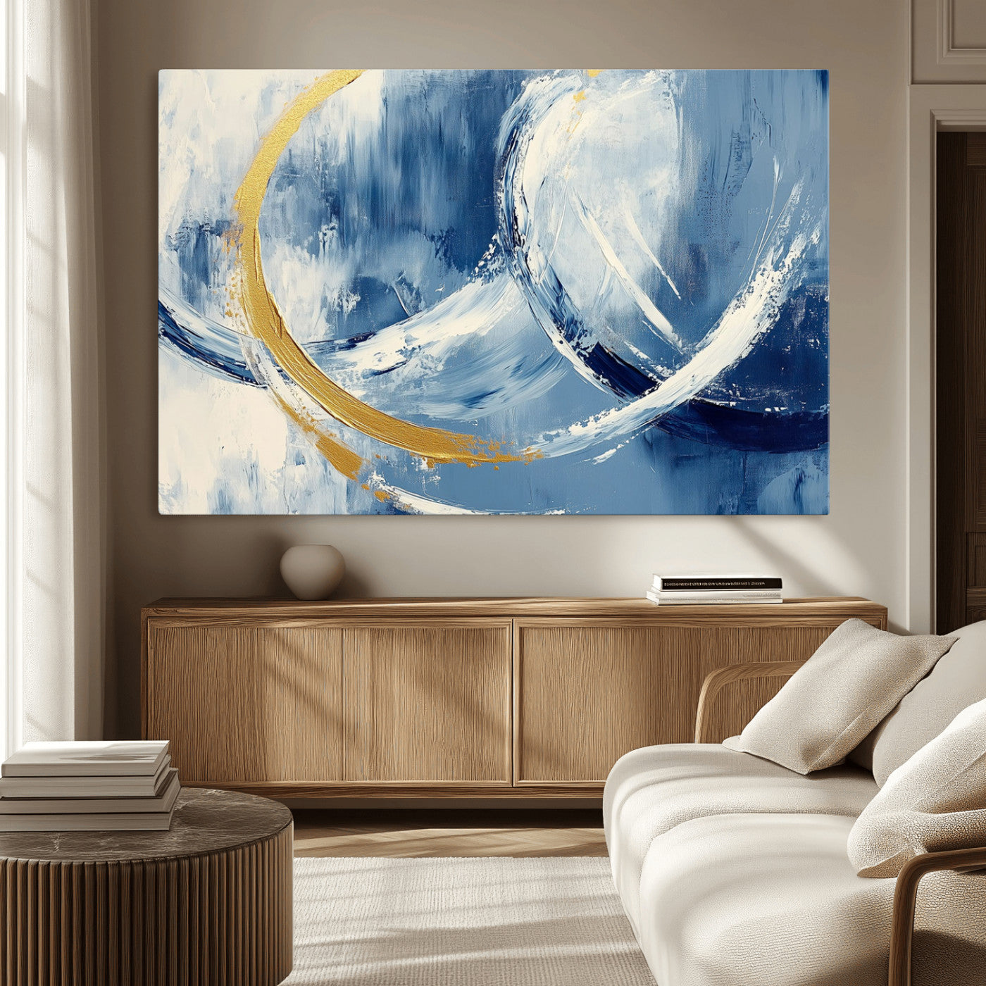 42475677-MGV-CV-36X24-Blue and Gold Abstract Wall Art – Modern Luxury Canvas Print, Navy White Brushstroke Painting, Contemporary Home Office Living