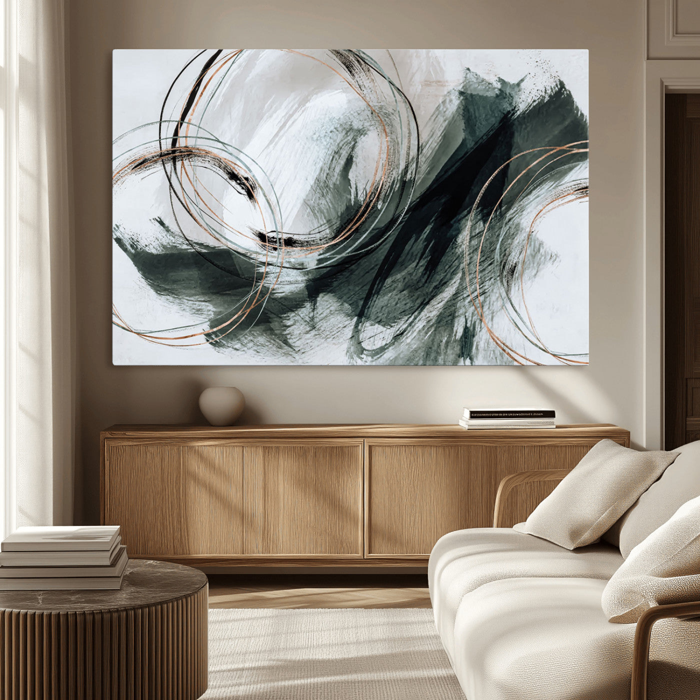 86583265-SEG-FC-90X60_Oversize_Oversize-Black and Gray Abstract Wall Art – Modern Copper Circle Canvas Print, Contemporary Minimalist Painting for Living Room, Bedroom,