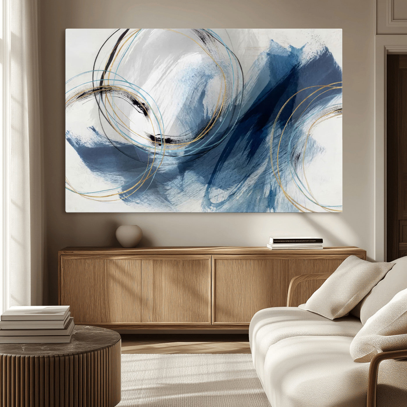 49589477-MGV-CV-36X24-Blue Abstract Wall Art – Modern Circle Canvas Print with Gold and Black Accents, Contemporary Fluid Brushstroke Painting for