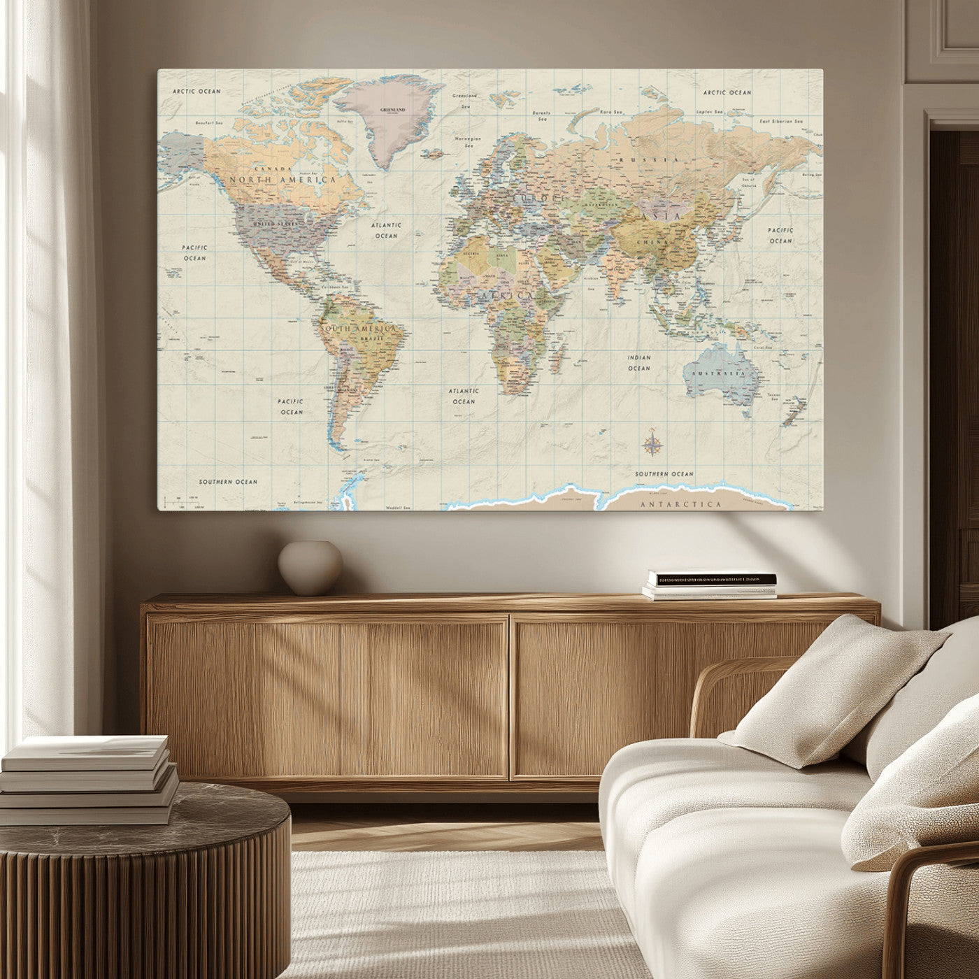 41929777-MGV-CV-36X24-World Map Wall Art – Large Detailed Political Atlas Style Map Print with Countries, Cities, and Oceans, Warm Earth Tone