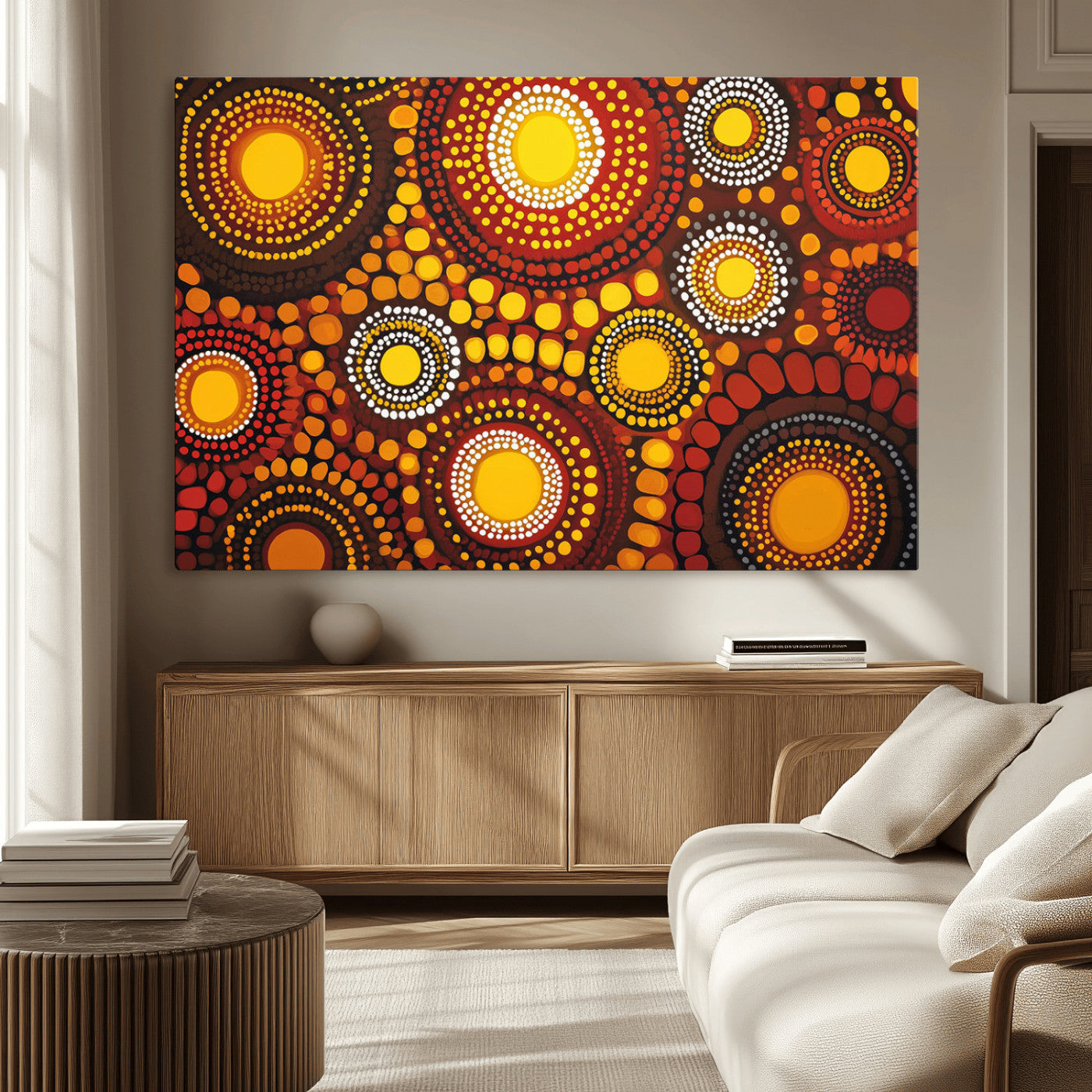 81120549-MGV-CV-36X24-Abstract Dot Painting Wall Art – Vibrant Tribal Boho Style Canvas Print with Sunburst Mandala Circles in Warm Red, Yellow, Orange